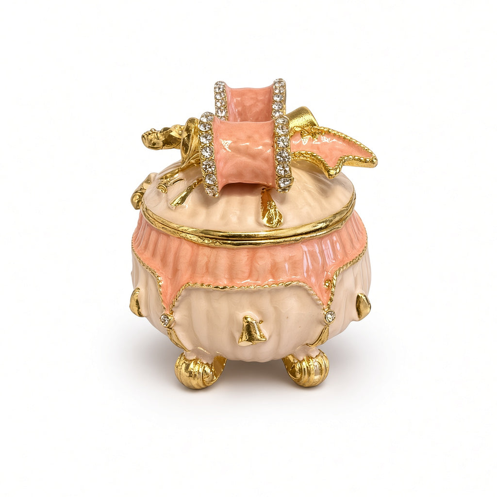 Cutie Bijuterii Rotundă 5x5 cm Crem-Piersică cu Fundă Aurie și Piciorușe