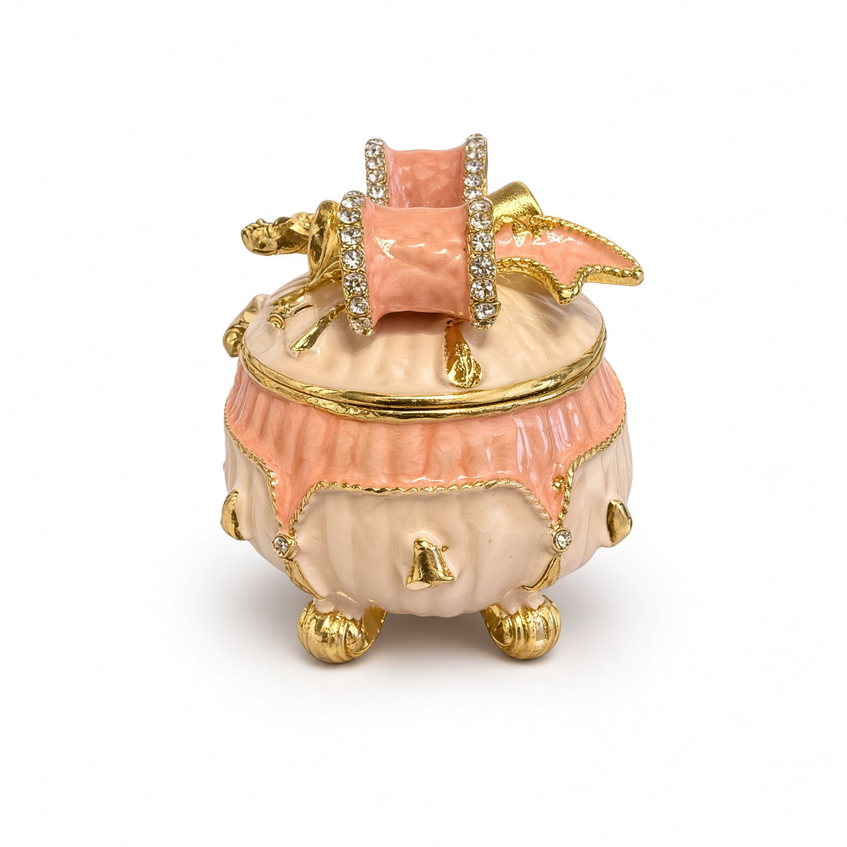 Cutie Bijuterii Rotundă 5x5 cm Crem-Piersică cu Fundă Aurie și Piciorușe