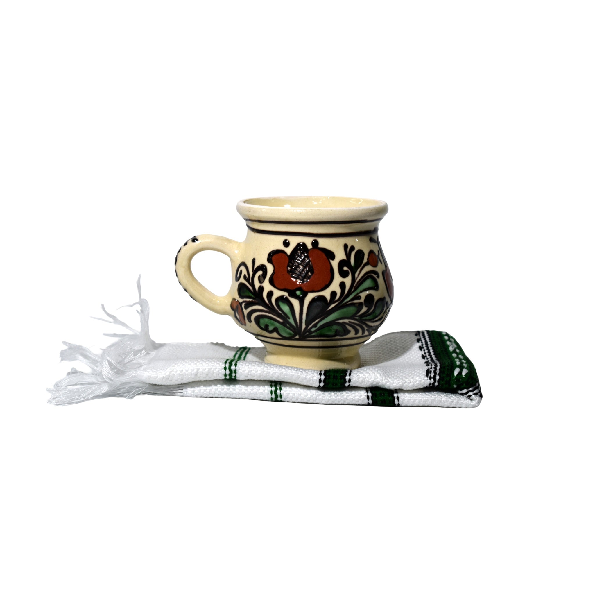 Set cadou ceramică de Corund pictat manual, cană + prosop tradițional + ambalaj, 250 ml, model floral autentic