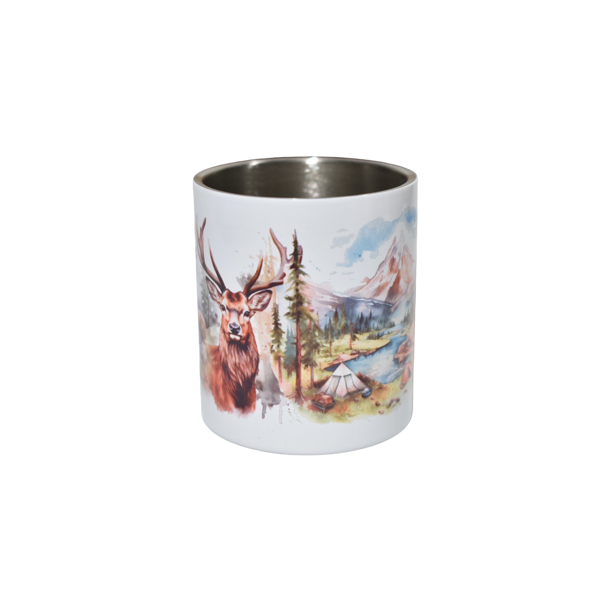 Cană metalică cu carabină România, design natură și animale sălbatice, 300 ml, ideală pentru camping și drumeții