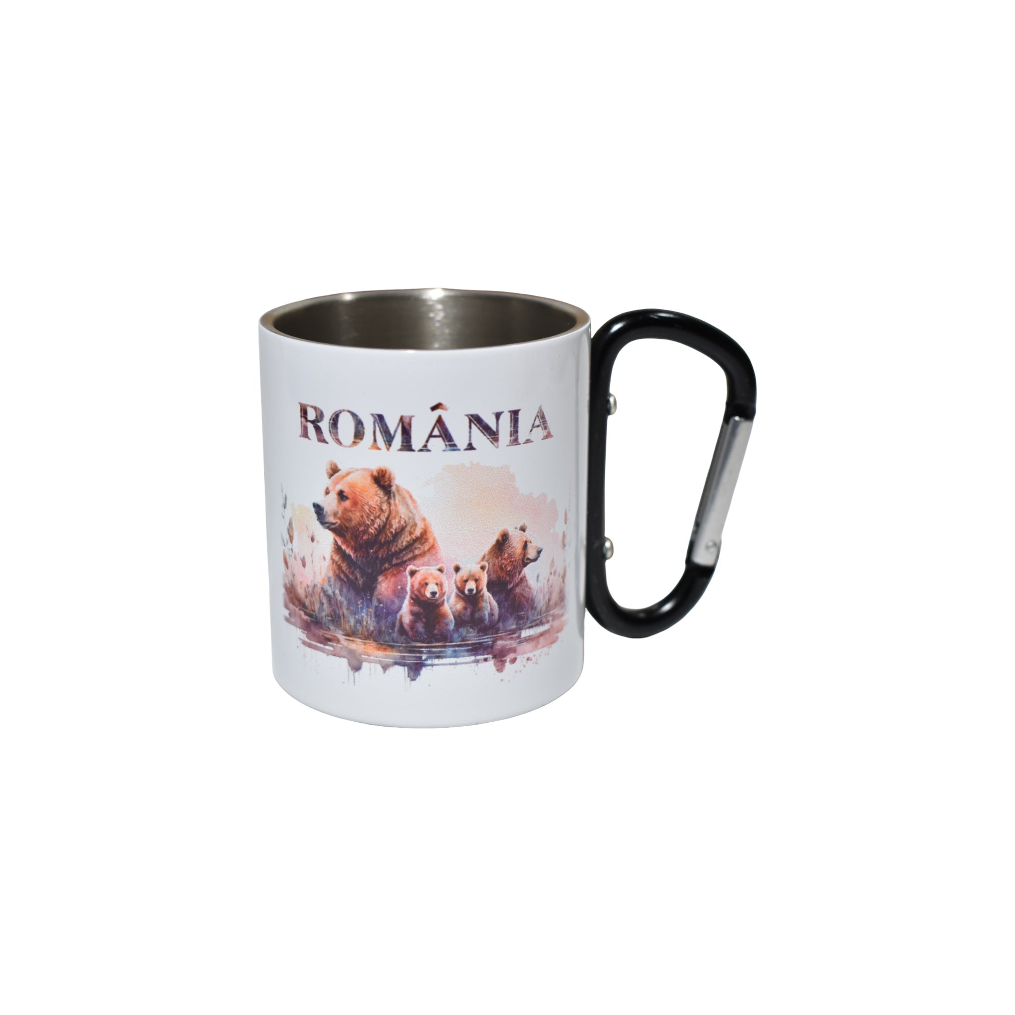Cană metalică cu carabină România, design natură și animale sălbatice, 300 ml, ideală pentru camping și drumeții