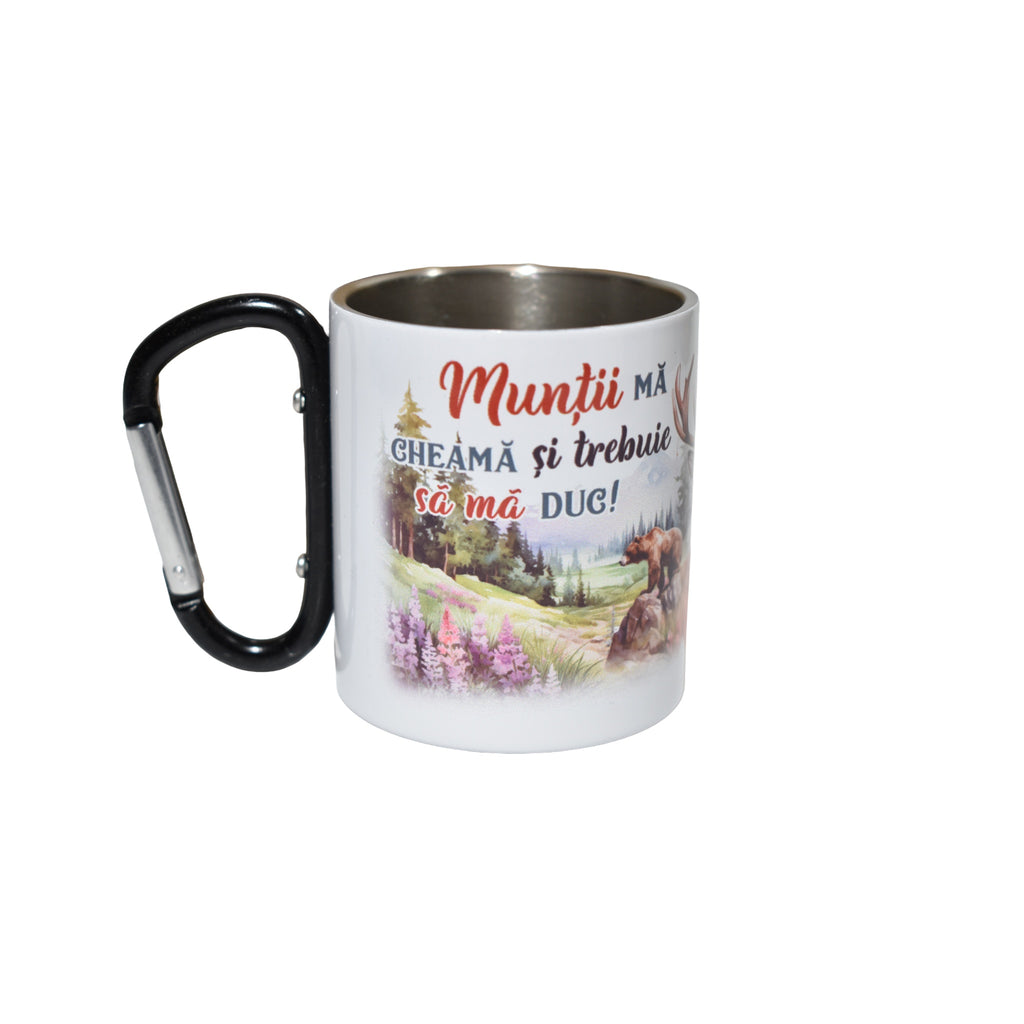 Cană metalică cu carabină România, design natură și animale sălbatice, 300 ml, ideală pentru camping și drumeții