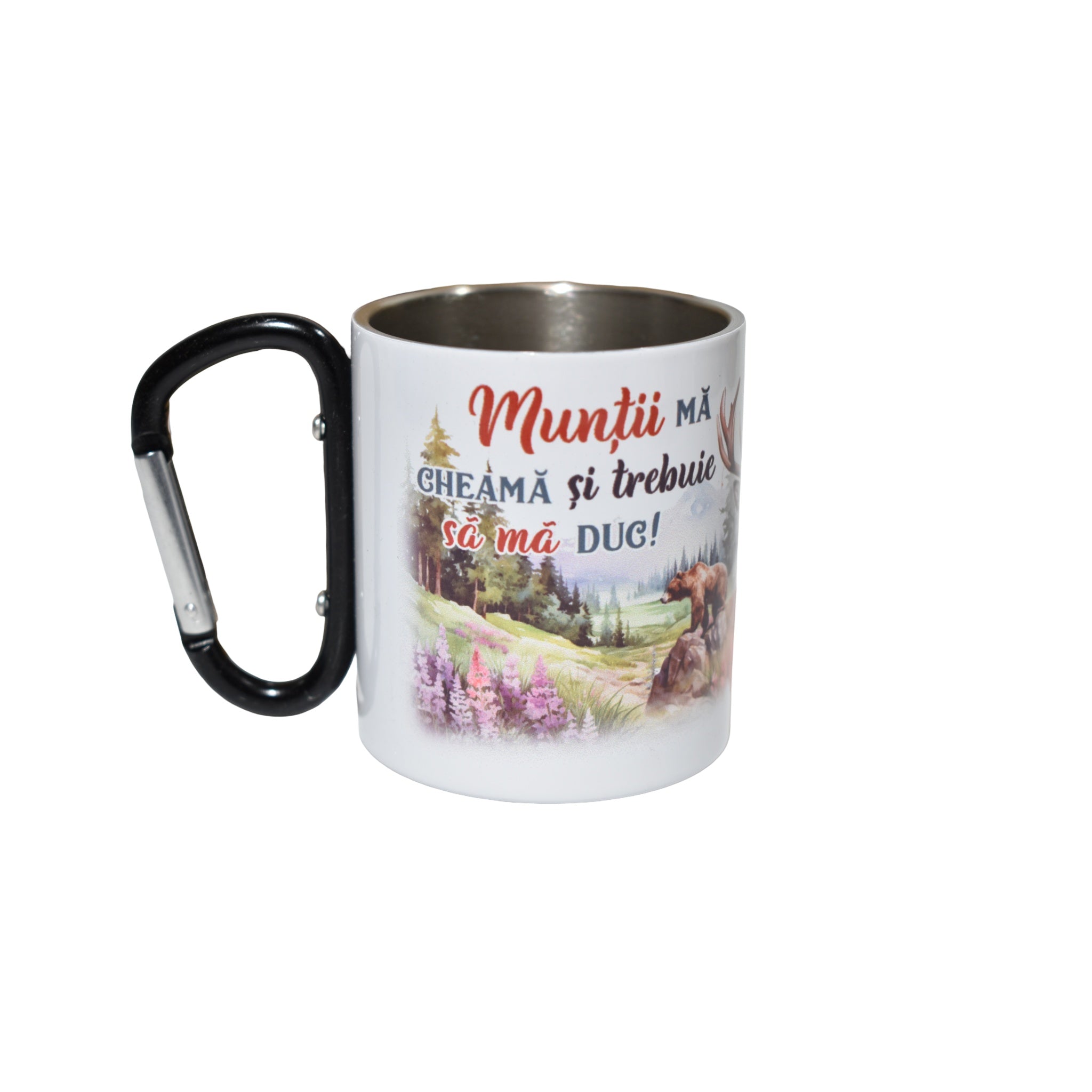 Cană metalică cu carabină România, design natură și animale sălbatice, 300 ml, ideală pentru camping și drumeții