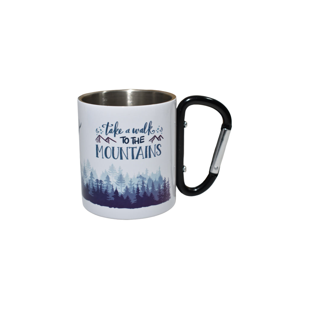 Cană metalică cu carabină “Take a walk to the mountains”, design montan cu cerb, 300 ml, ideală pentru camping