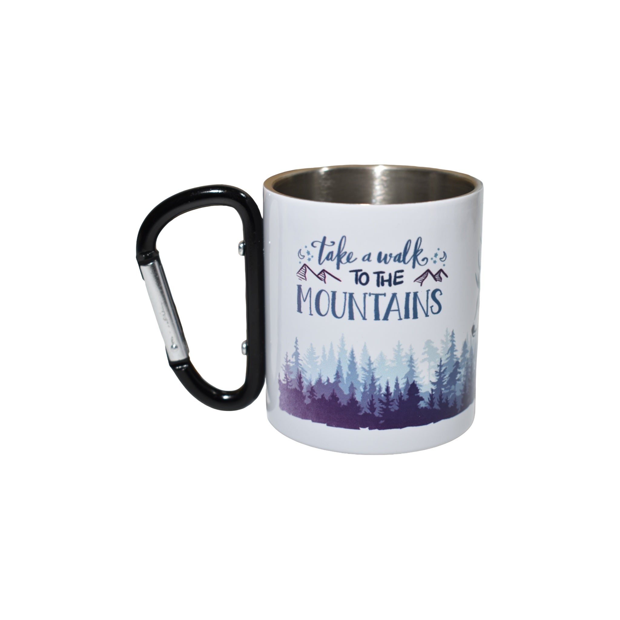 Cană metalică cu carabină “Take a walk to the mountains”, design montan cu cerb, 300 ml, ideală pentru camping