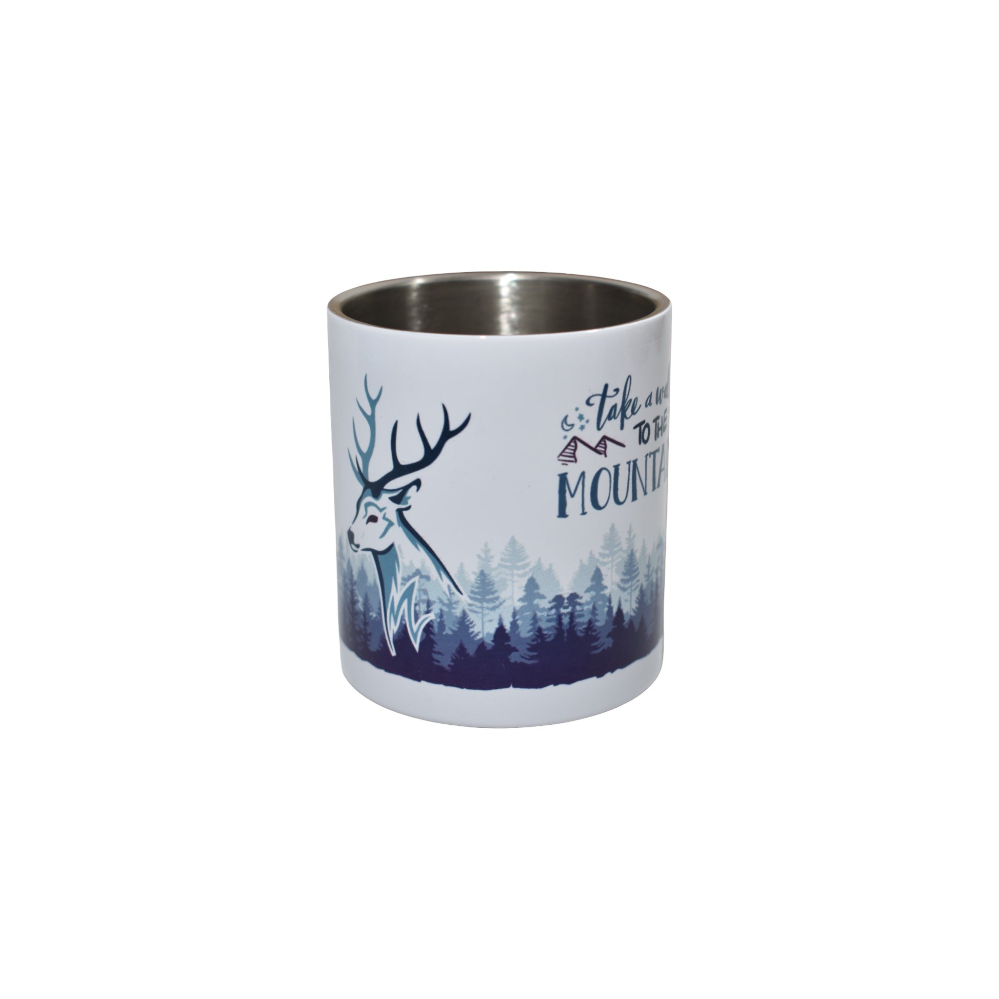 Cană metalică cu carabină “Take a walk to the mountains”, design montan cu cerb, 300 ml, ideală pentru camping