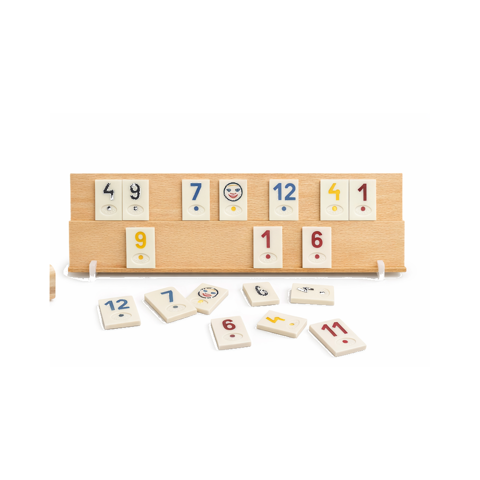 Joc Rummy original Rummy de Mediaș din lemn – Set complet 106 piese, suporturi și cutie elegantă, joc de societate pentru familie (6+ ani)