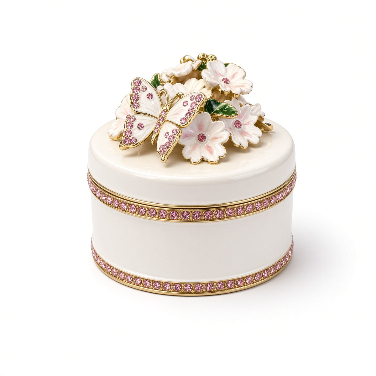 Cutie Bijuterii Albă 5x5 cm cu Flori, Fluture și Cristale Roz