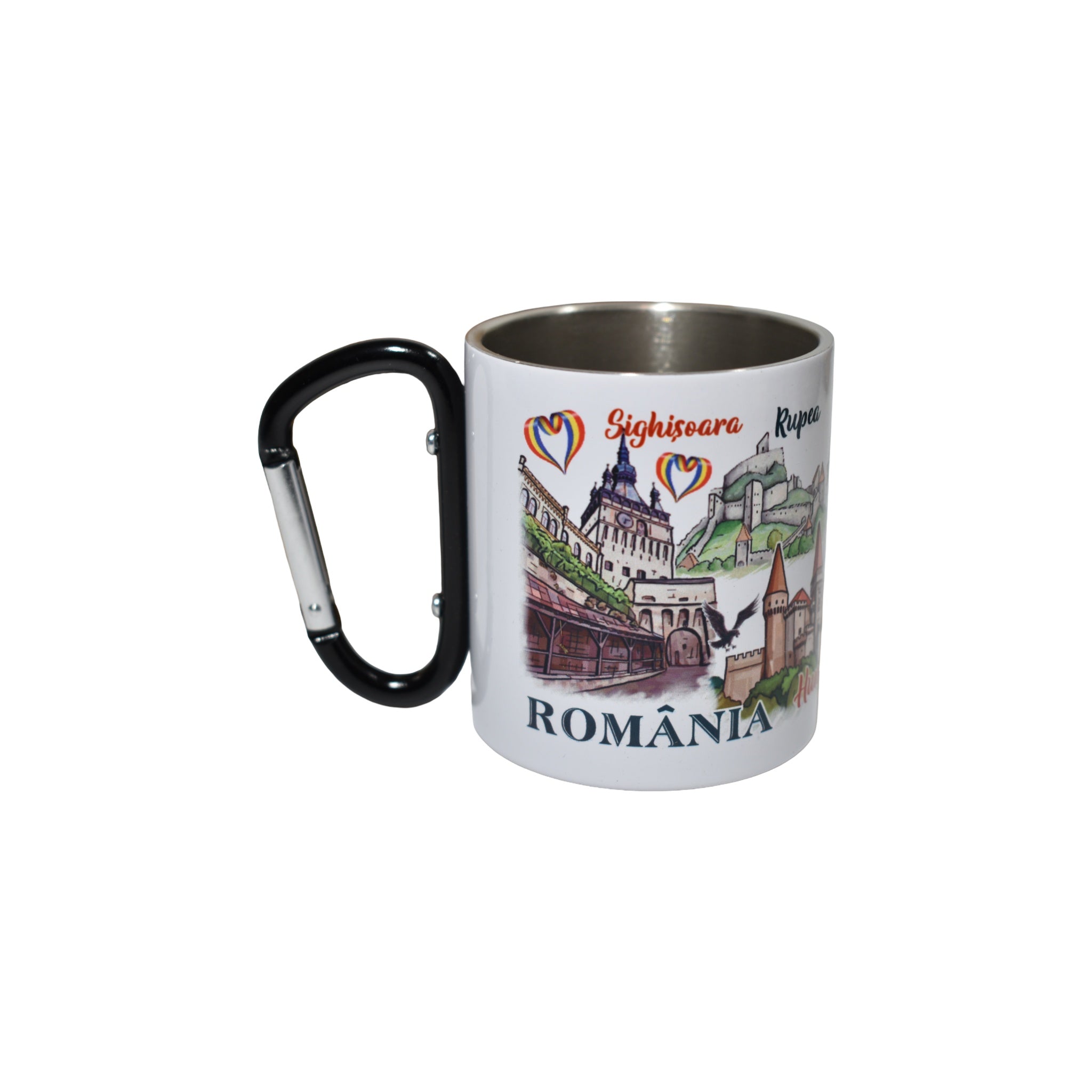 Cană metalică cu carabină România, design turistic Sighișoara, Bran și Râșnov, 300 ml, suvenir original