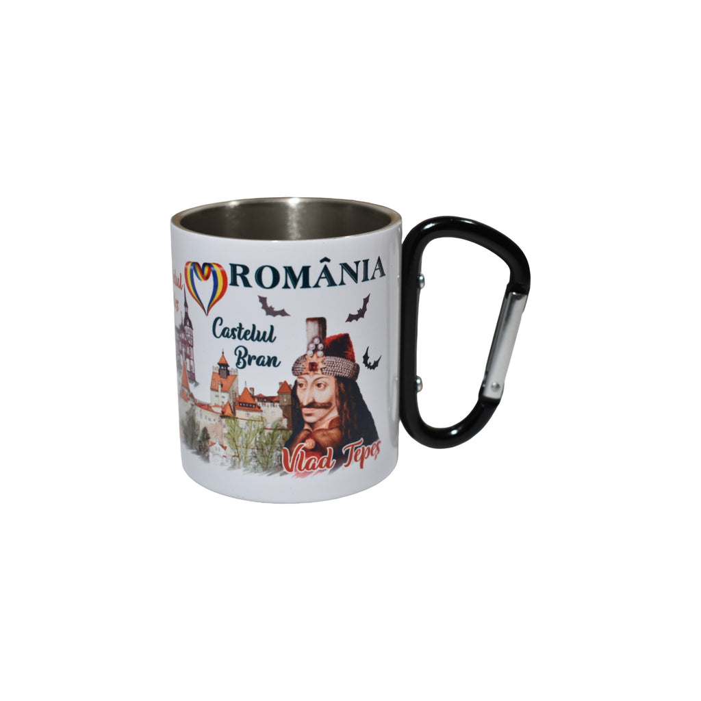 Cană metalică cu carabină România, design turistic Sighișoara, Bran și Râșnov, 300 ml, suvenir original