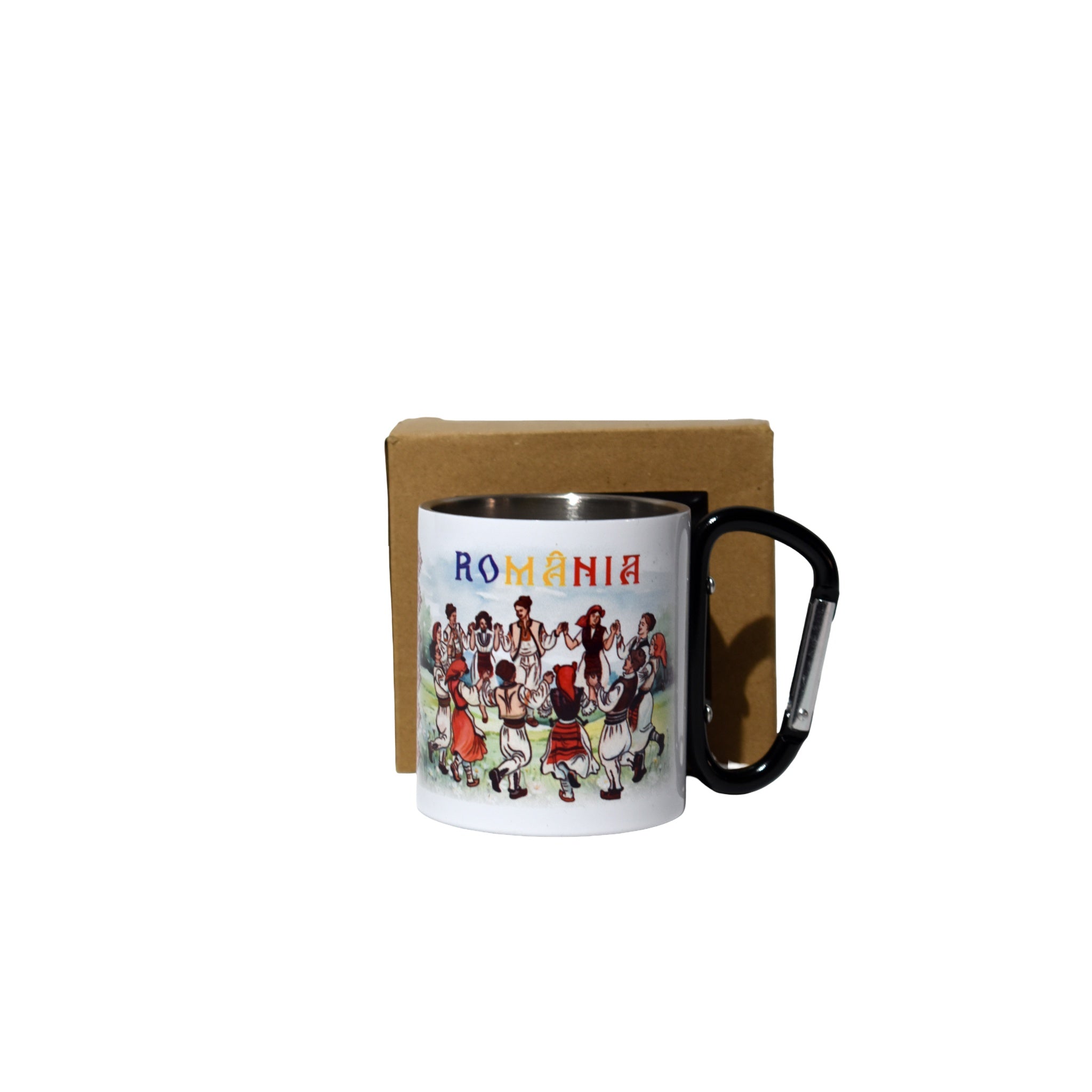 Cană metalică România, dans popular tradițional, cu carabină, 300 ml, design suvenir