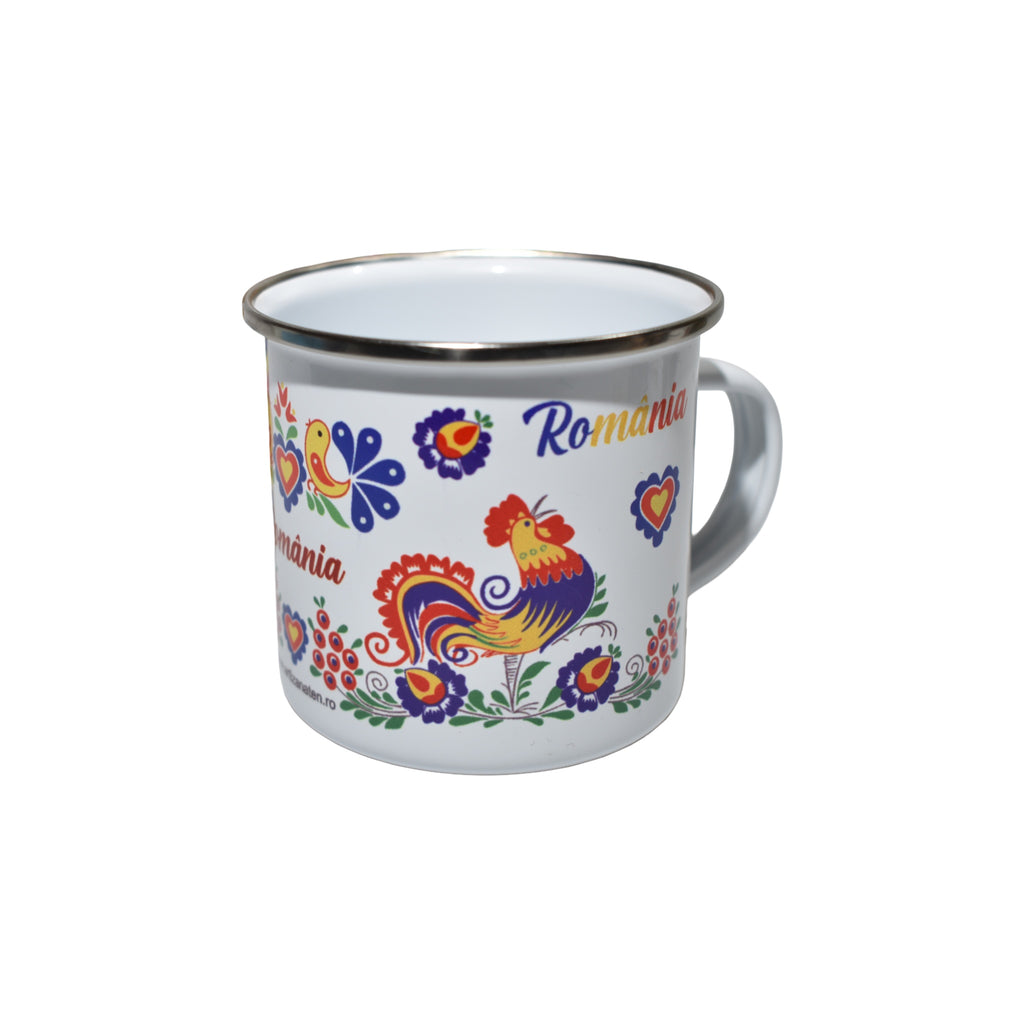 Cană emailată România cu motiv tradițional, cocoș popular, design folcloric, 350 ml