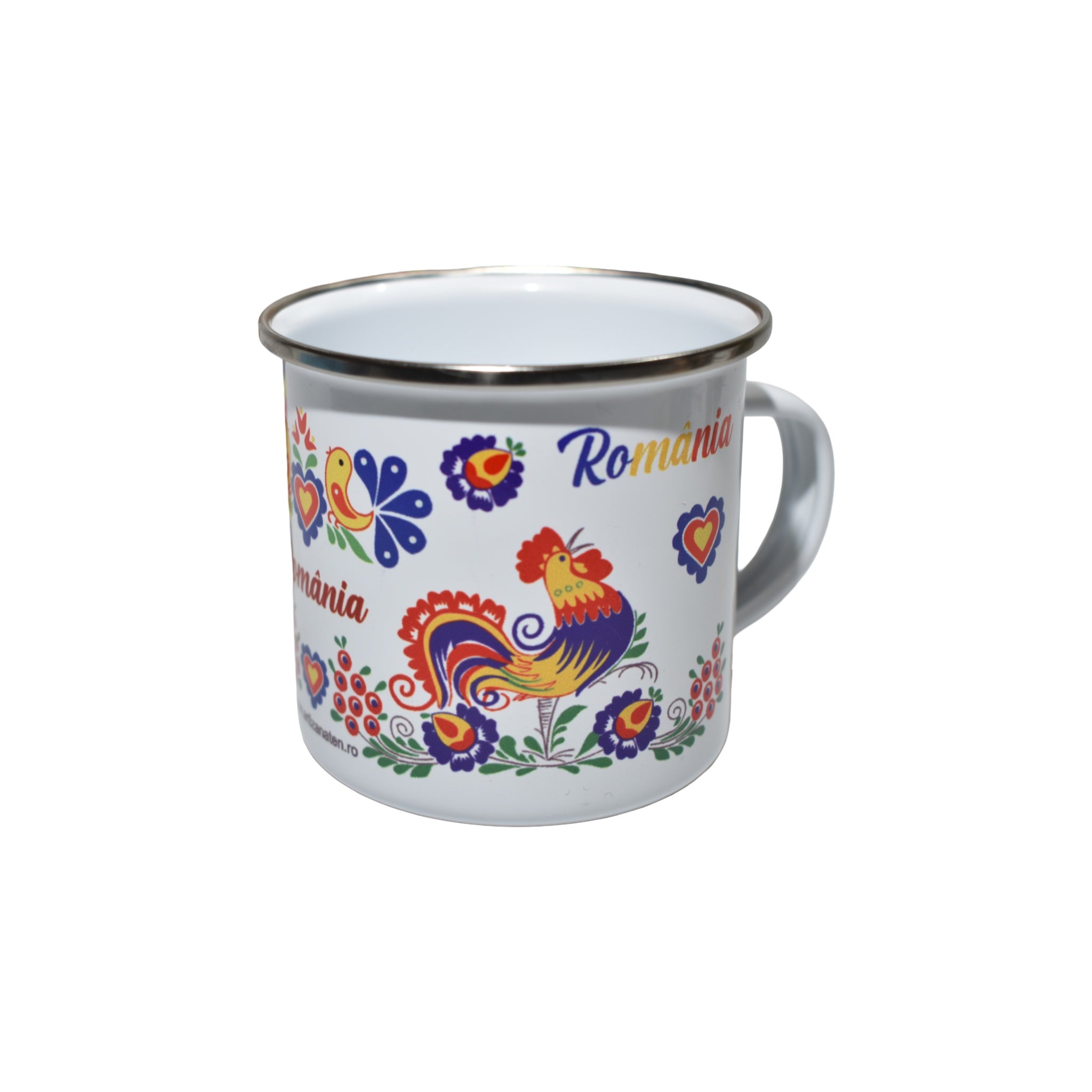 Cană emailată România cu motiv tradițional, cocoș popular, design folcloric, 350 ml