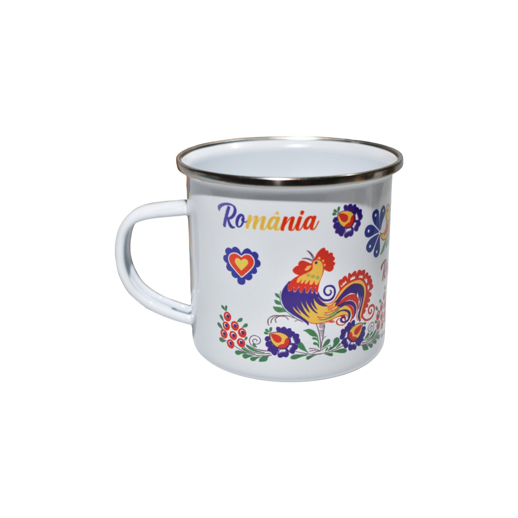 Cană emailată România cu motiv tradițional, cocoș popular, design folcloric, 350 ml
