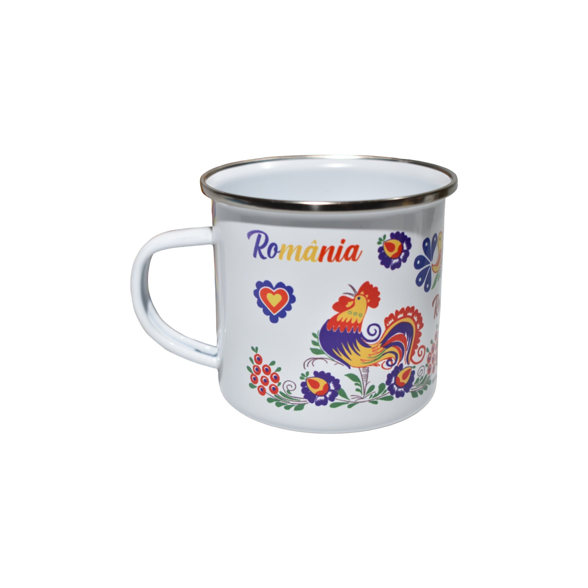 Cană emailată România cu motiv tradițional, cocoș popular, design folcloric, 350 ml