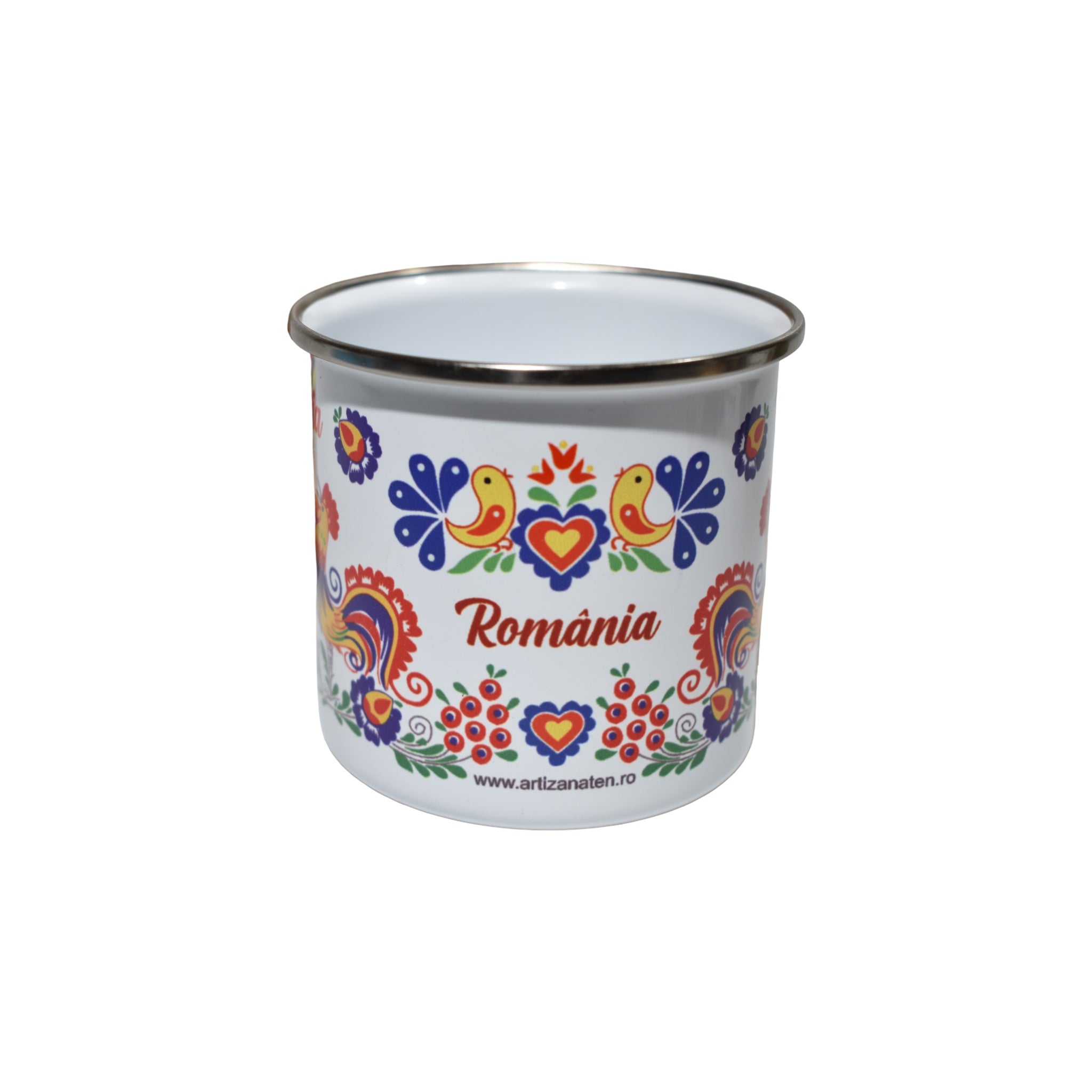 Cană emailată România cu motiv tradițional, cocoș popular, design folcloric, 350 ml