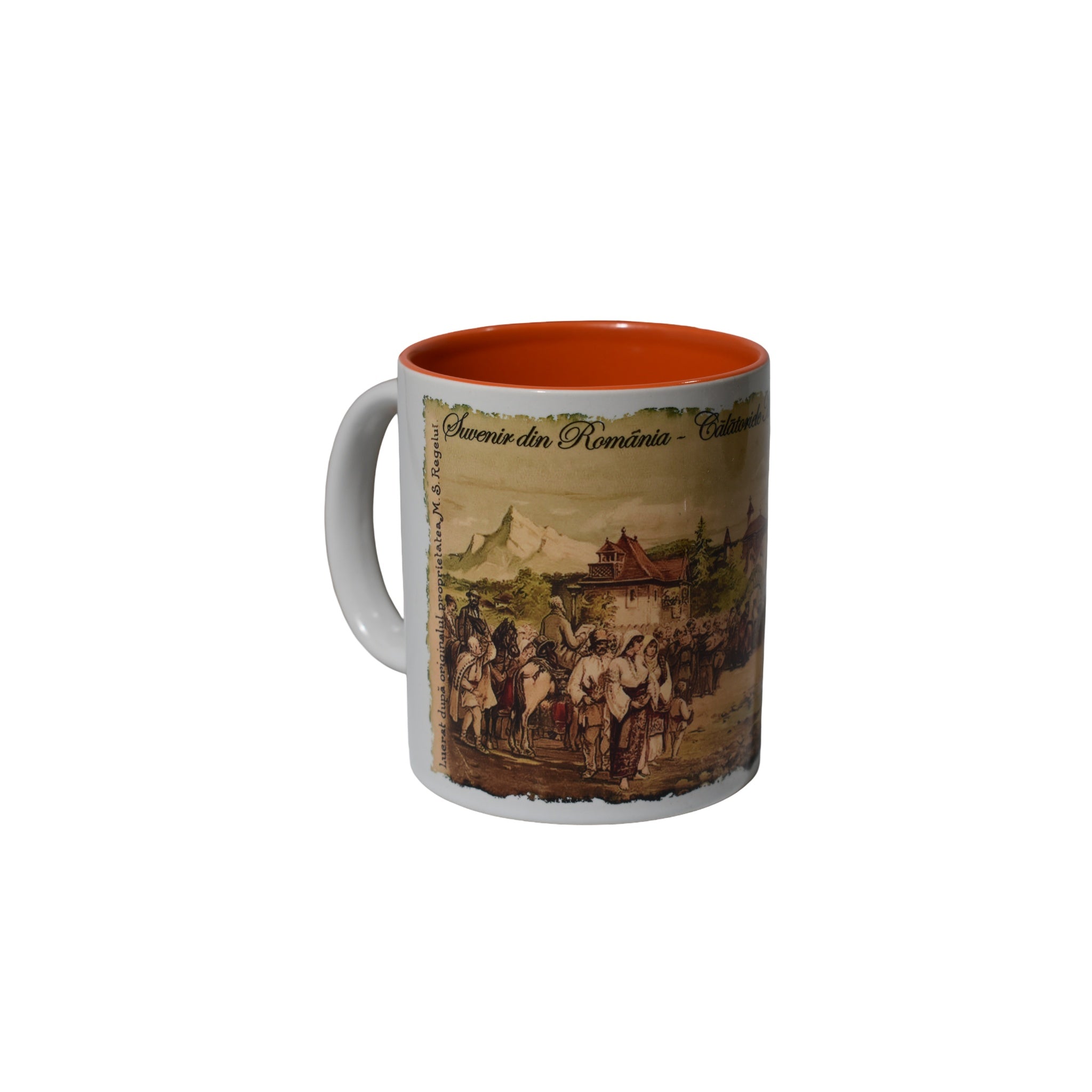 Cană ceramică suvenir România, design vintage tradițional, interior color, 330 ml