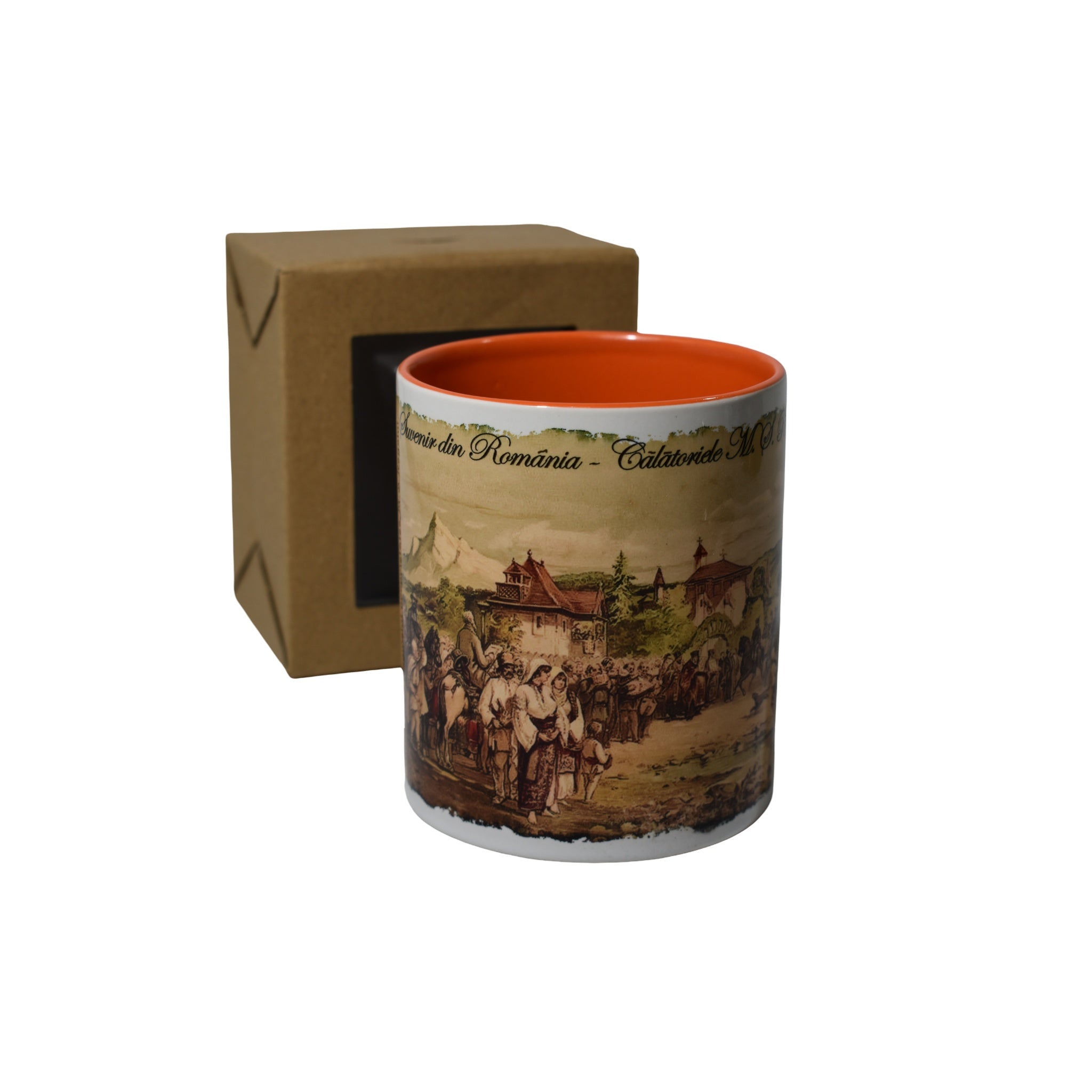 Cană ceramică suvenir România, design vintage tradițional, interior color, 330 ml