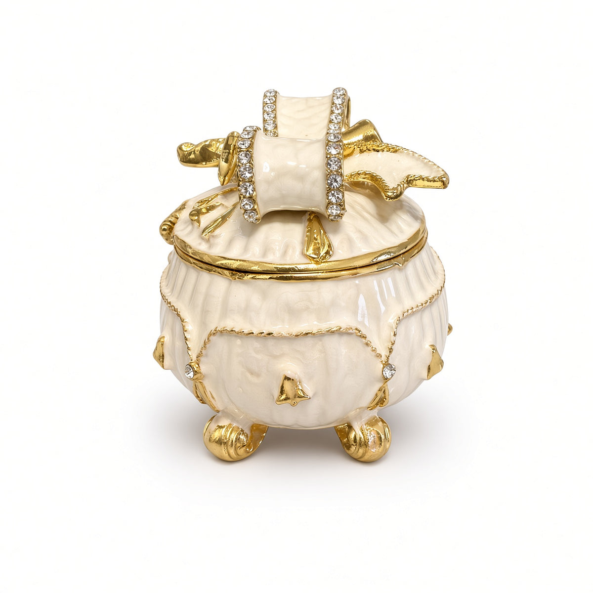 Cutie Bijuterii Rotundă Alb-Crem 5x5 cm cu Fundă Aurie și Piciorușe