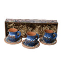 Set cești cafea ceramică de Corund pictate manual, 3 cești + 3 farfurii + cutie cadou, model tradițional autentic