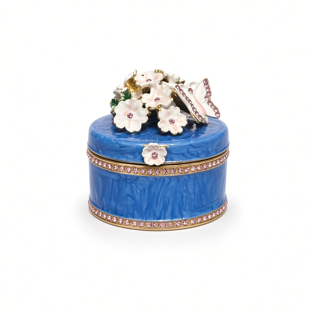 Cutie Bijuterii Albastră 5x5 cm cu Flori, Fluture și Cristale Roz