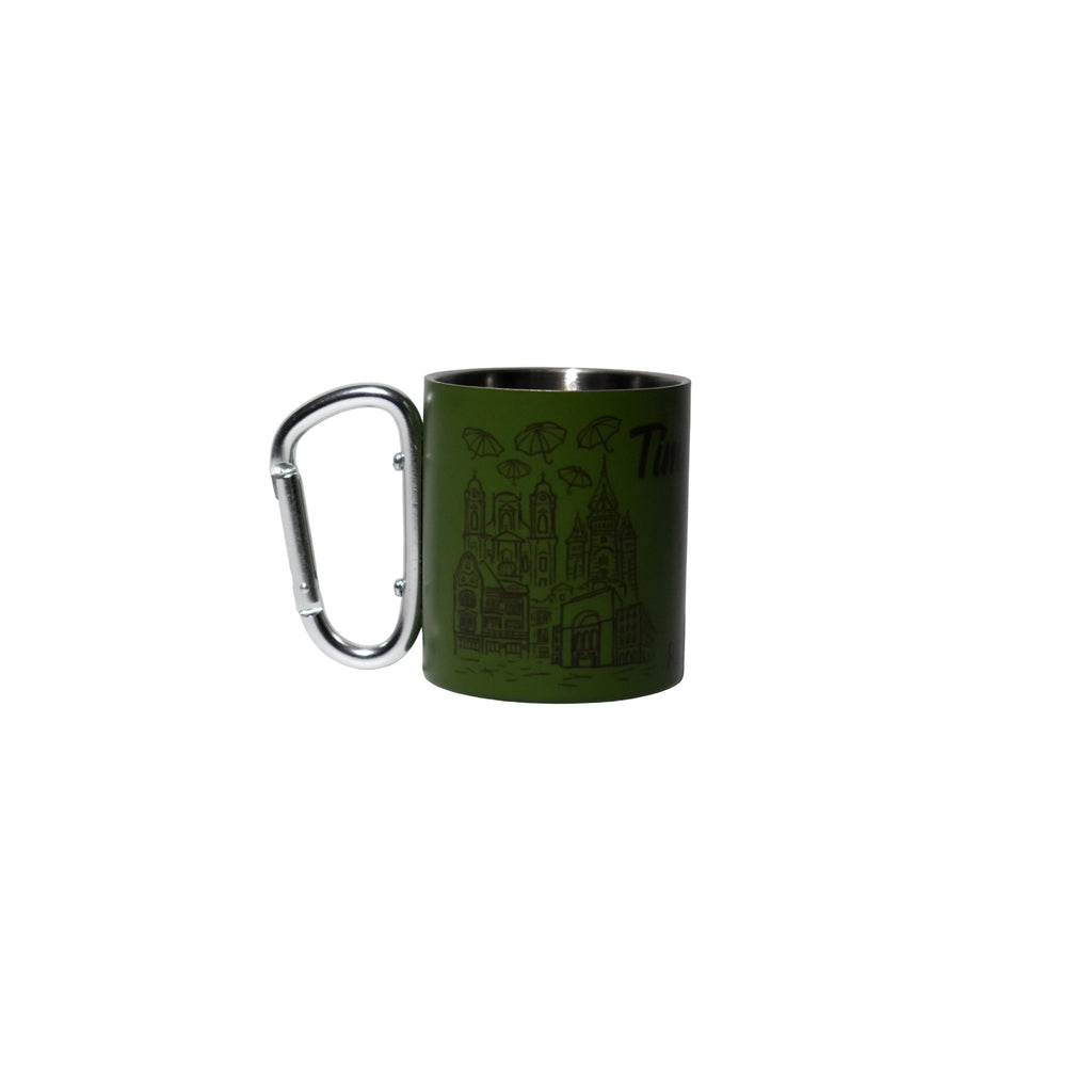 Cană inox camping 300 ml cu carabină Timișoara România, verde metalizat, design urban, ideală pentru drumeții și călătorii