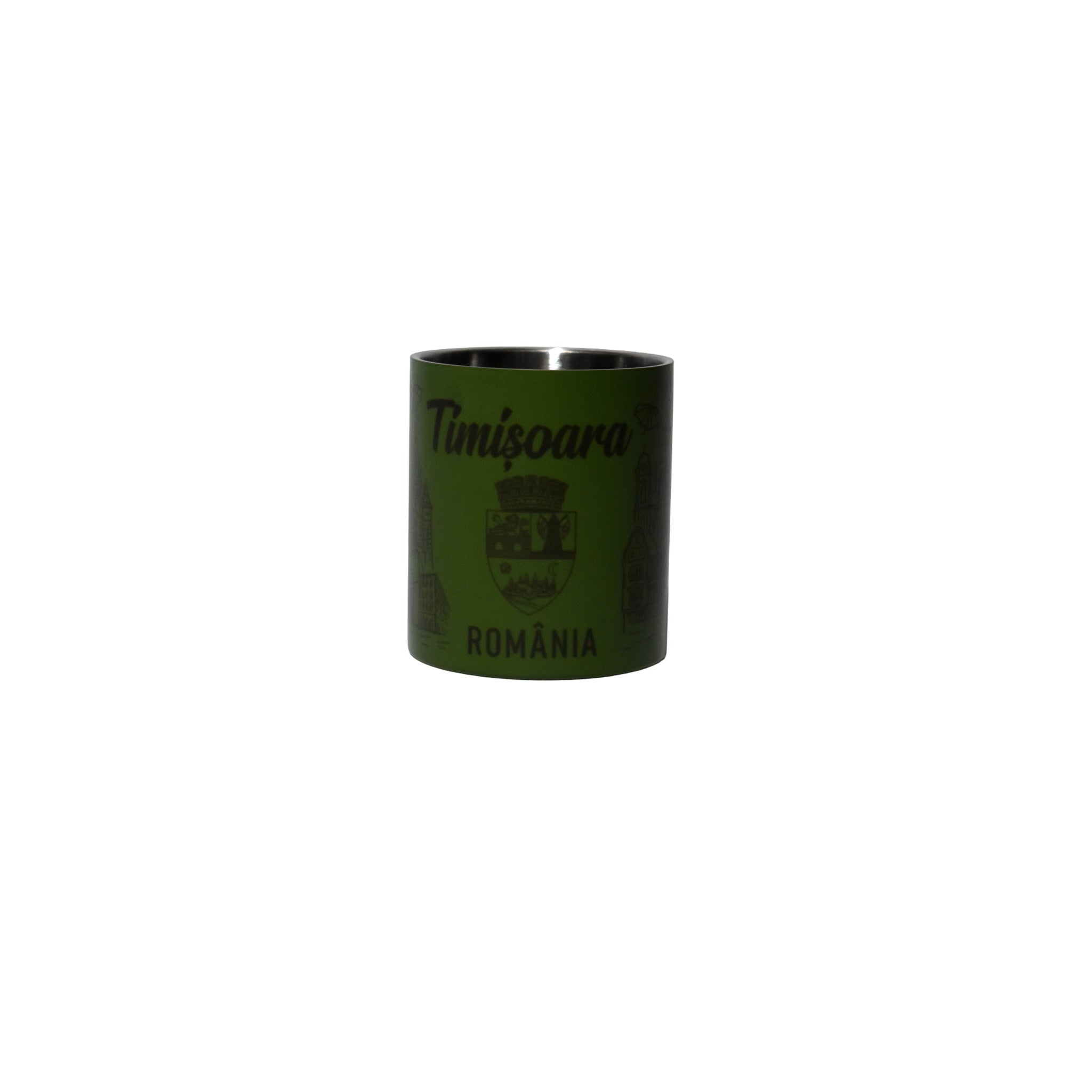 Cană inox camping 300 ml cu carabină Timișoara România, verde metalizat, design urban, ideală pentru drumeții și călătorii