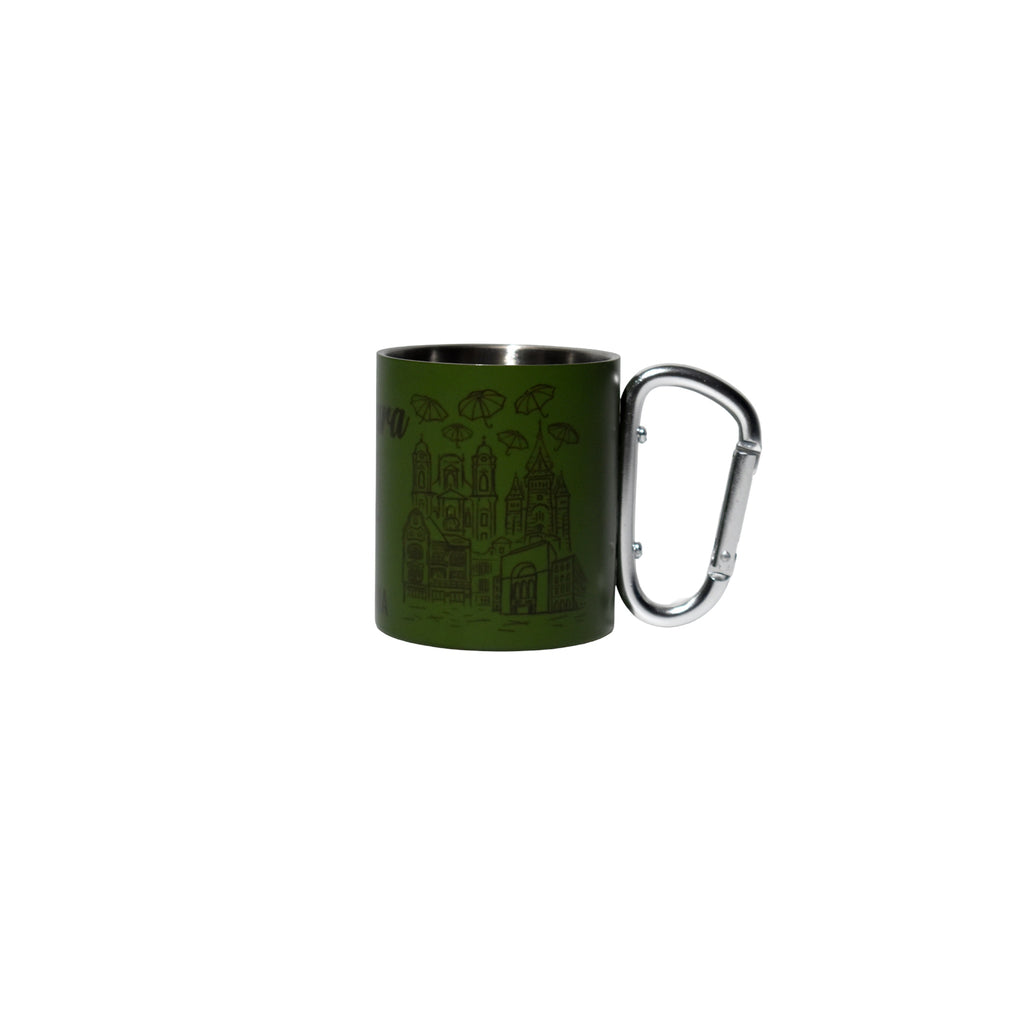 Cană inox camping 300 ml cu carabină Timișoara România, verde metalizat, design urban, ideală pentru drumeții și călătorii