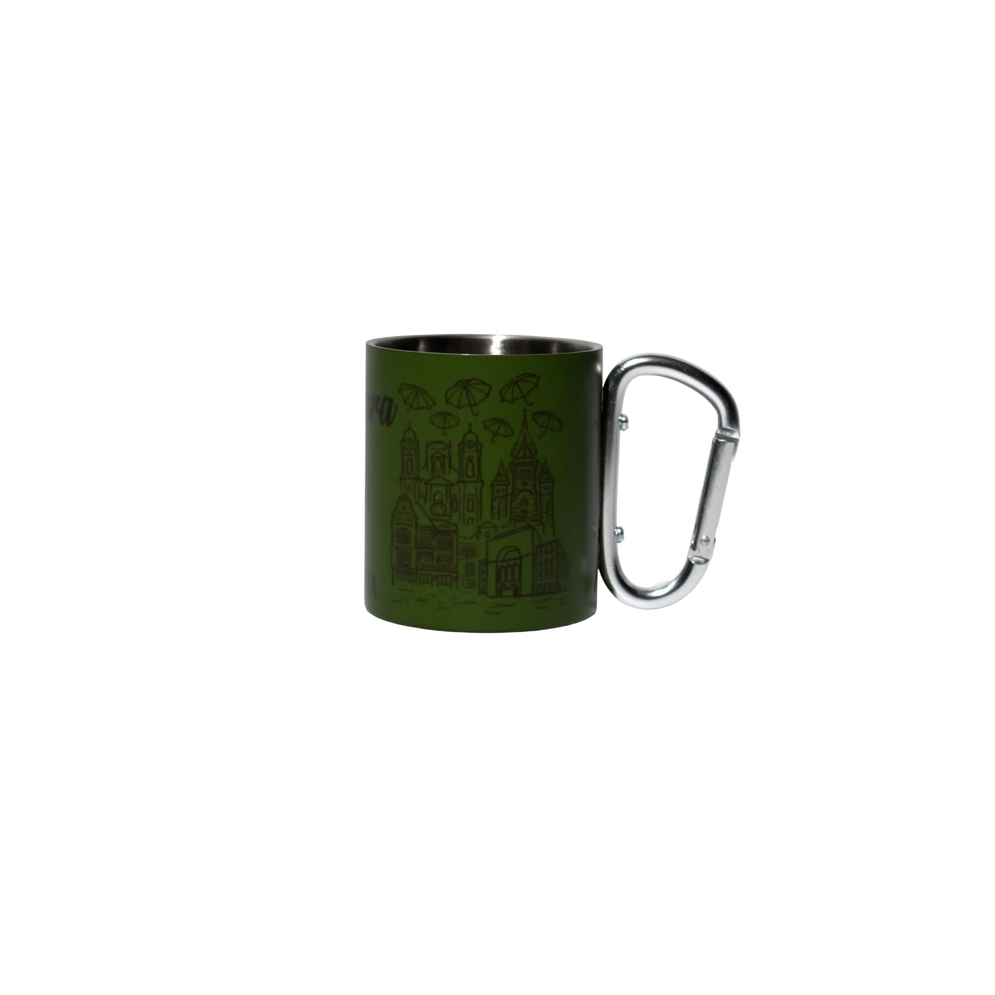 Cană inox camping 300 ml cu carabină Timișoara România, verde metalizat, design urban, ideală pentru drumeții și călătorii