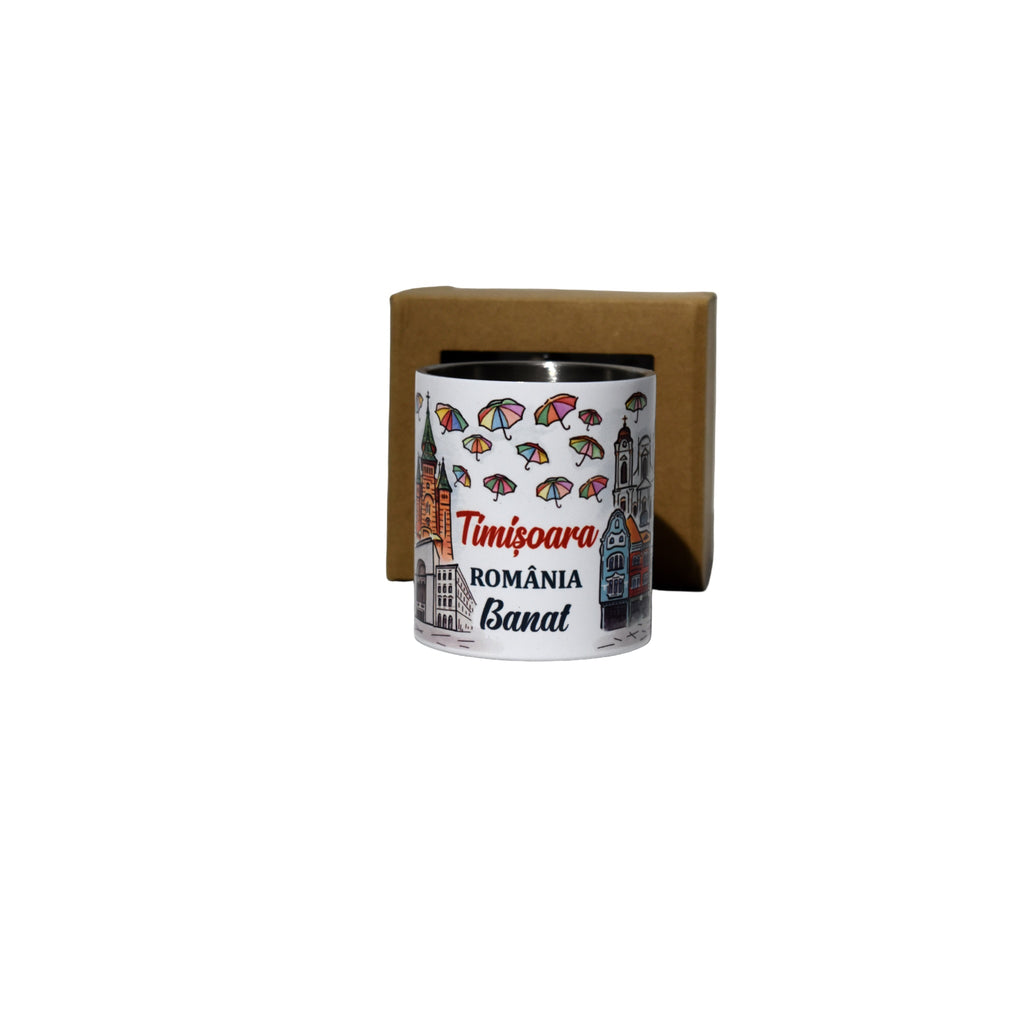 Cană metalică Timișoara România Banat, cu carabină, design color urban, 300 ml