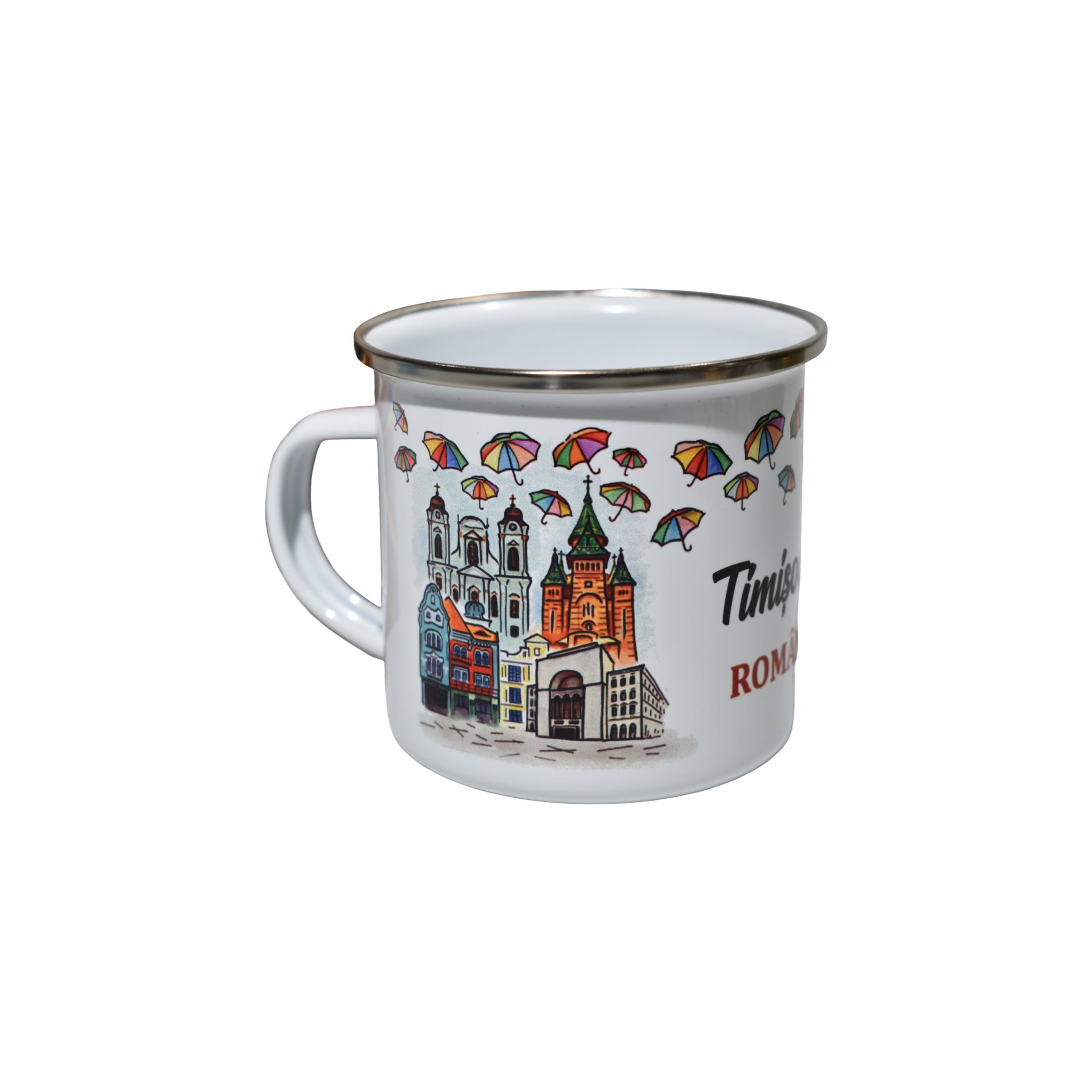 Cană emailată Timișoara România, design cu umbrele colorate, stil vintage, 350 ml