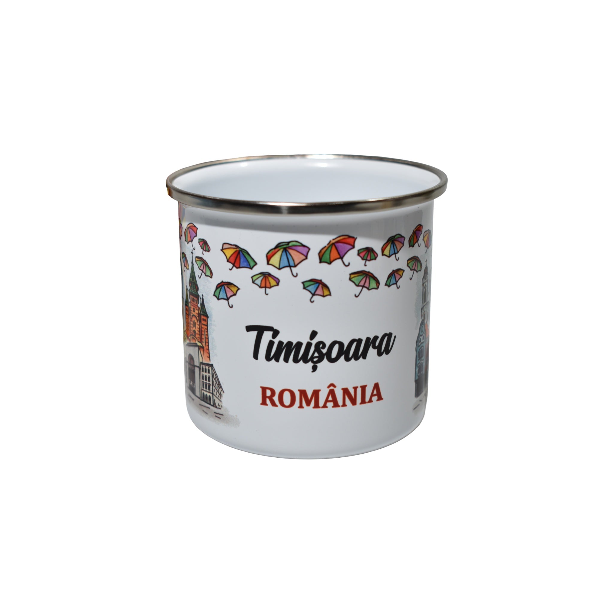 Cană emailată Timișoara România, design cu umbrele colorate, stil vintage, 350 ml