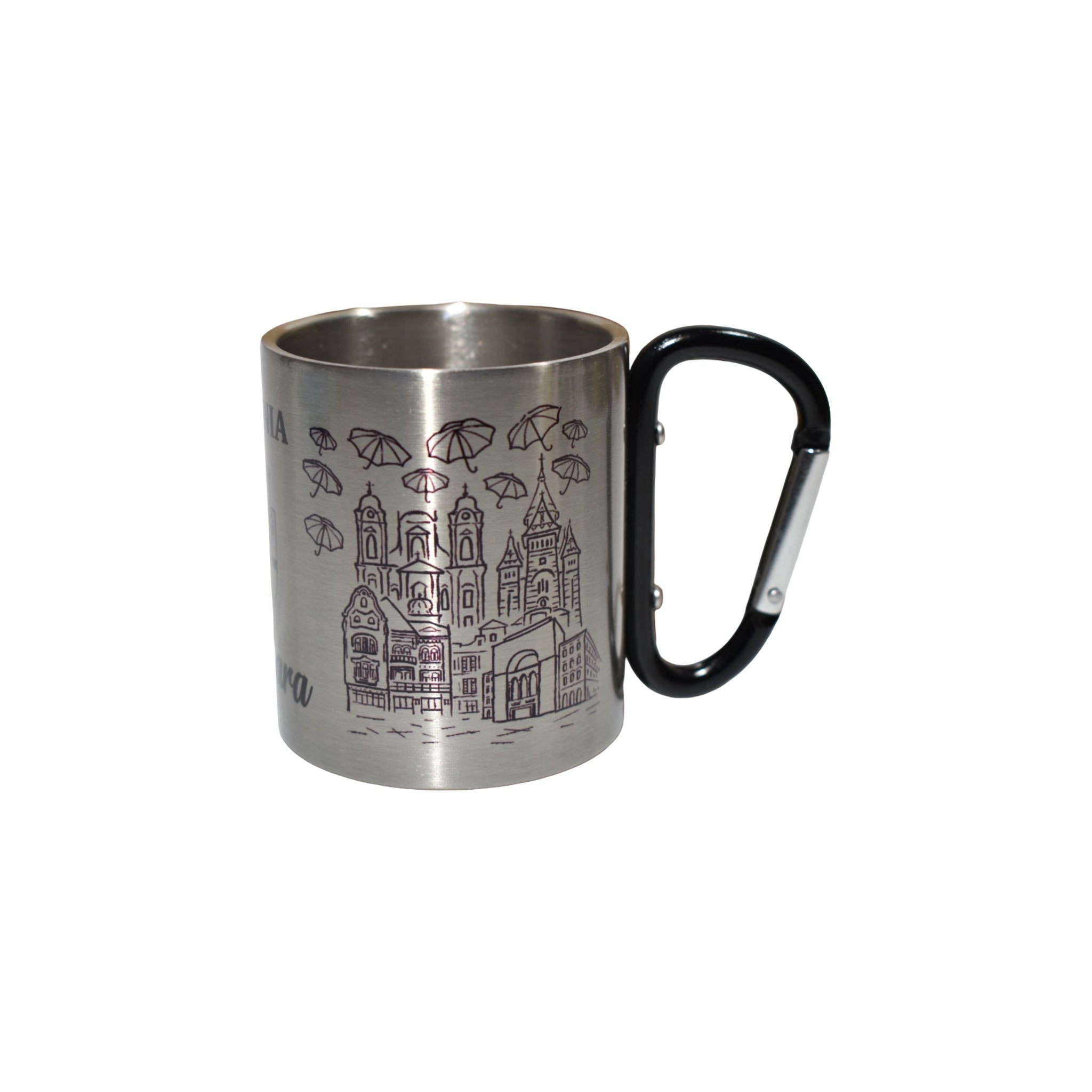 Cană metalică Timișoara cu carabină, design gravat cu simboluri urbane, 300 ml, suvenir România