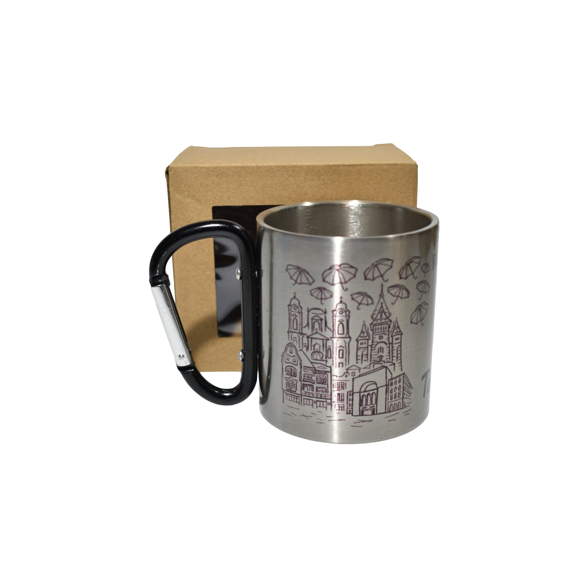 Cană metalică Timișoara cu carabină, design gravat cu simboluri urbane, 300 ml, suvenir România