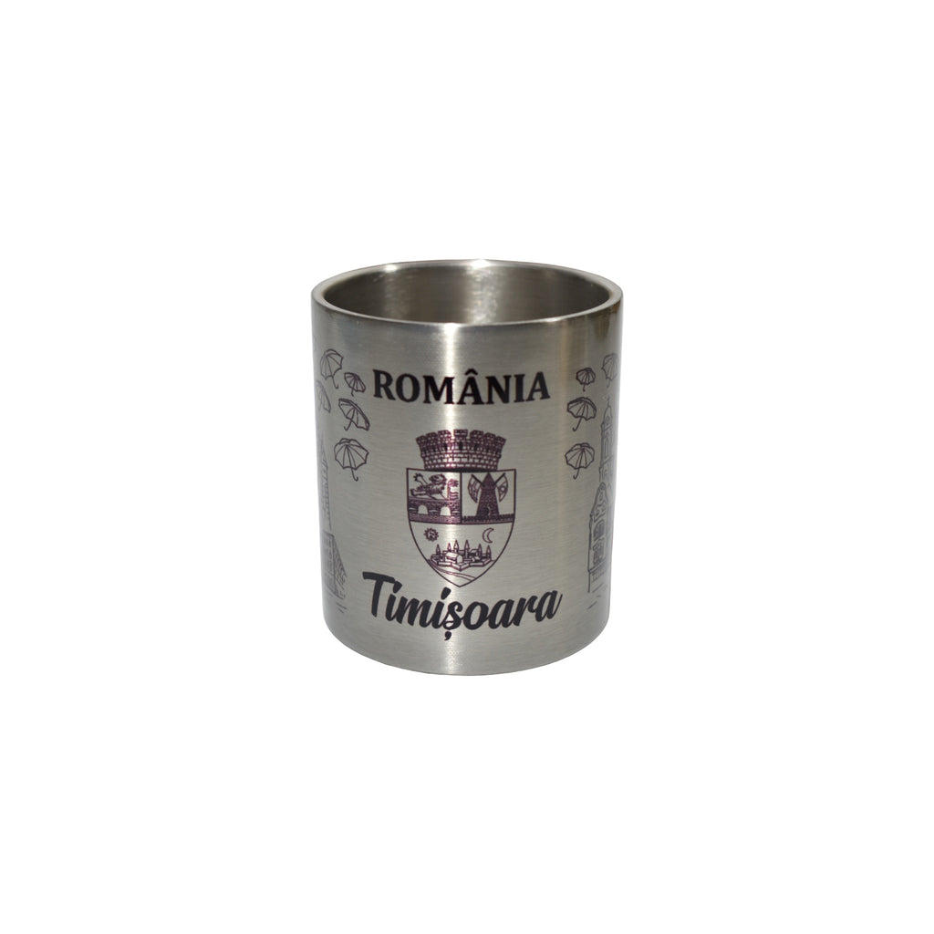 Cană metalică Timișoara cu carabină, design gravat cu simboluri urbane, 300 ml, suvenir România