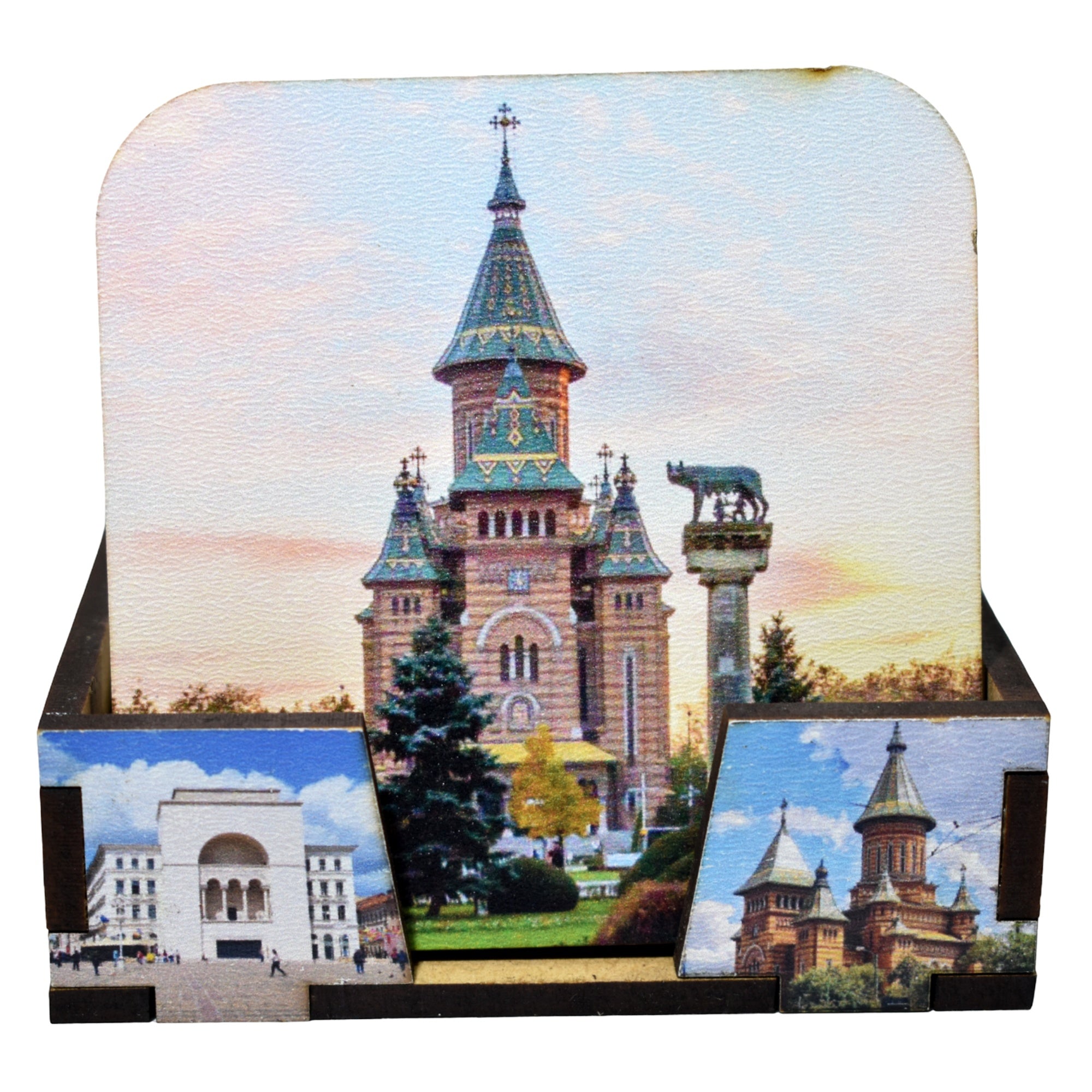 Set Suporturi Pahare Timișoara din Lemn cu Suport, Design Turistic Color, 6 Bucăți, Suvenir România