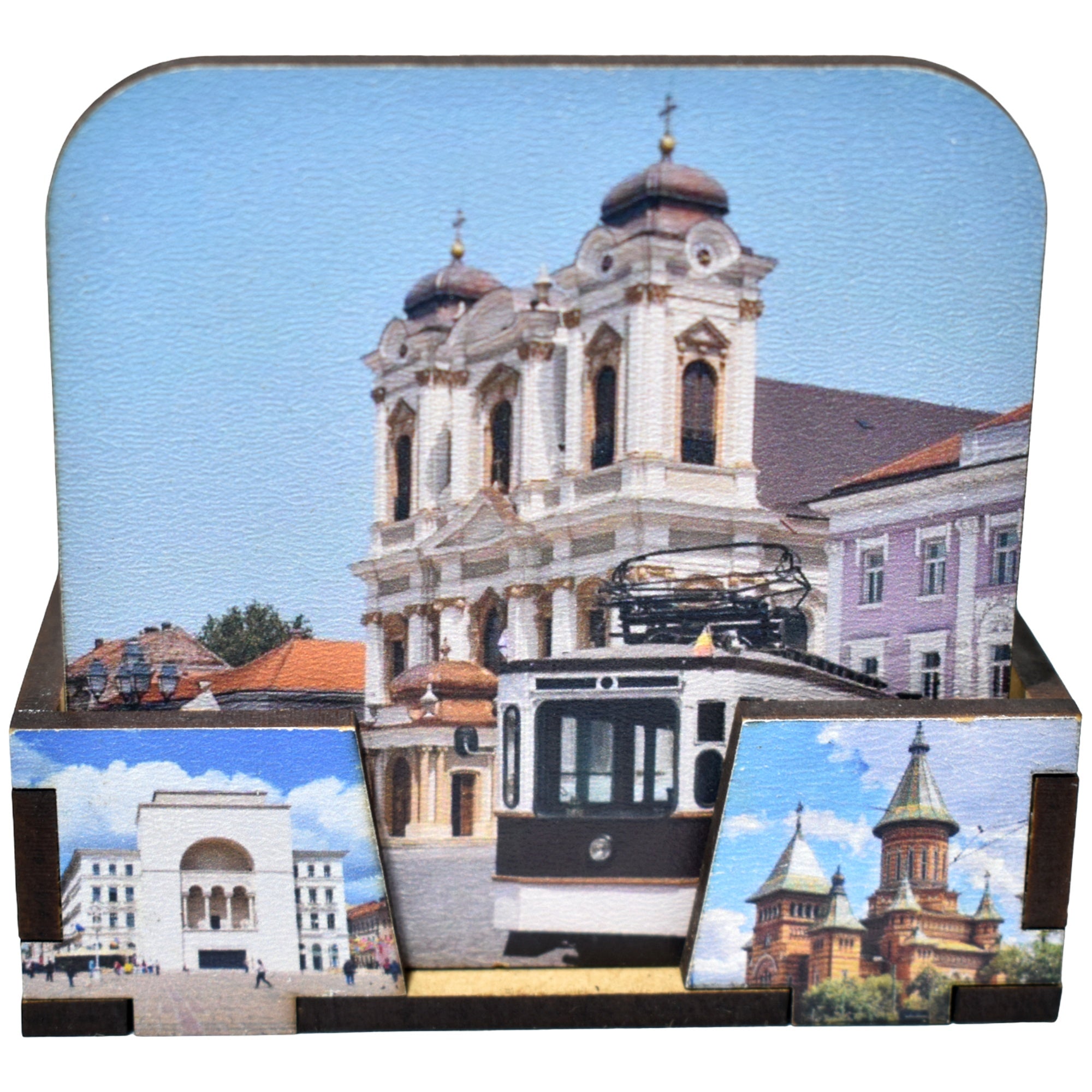 Set Suporturi Pahare Timișoara din Lemn cu Suport, Design Turistic Color, 6 Bucăți, Suvenir România