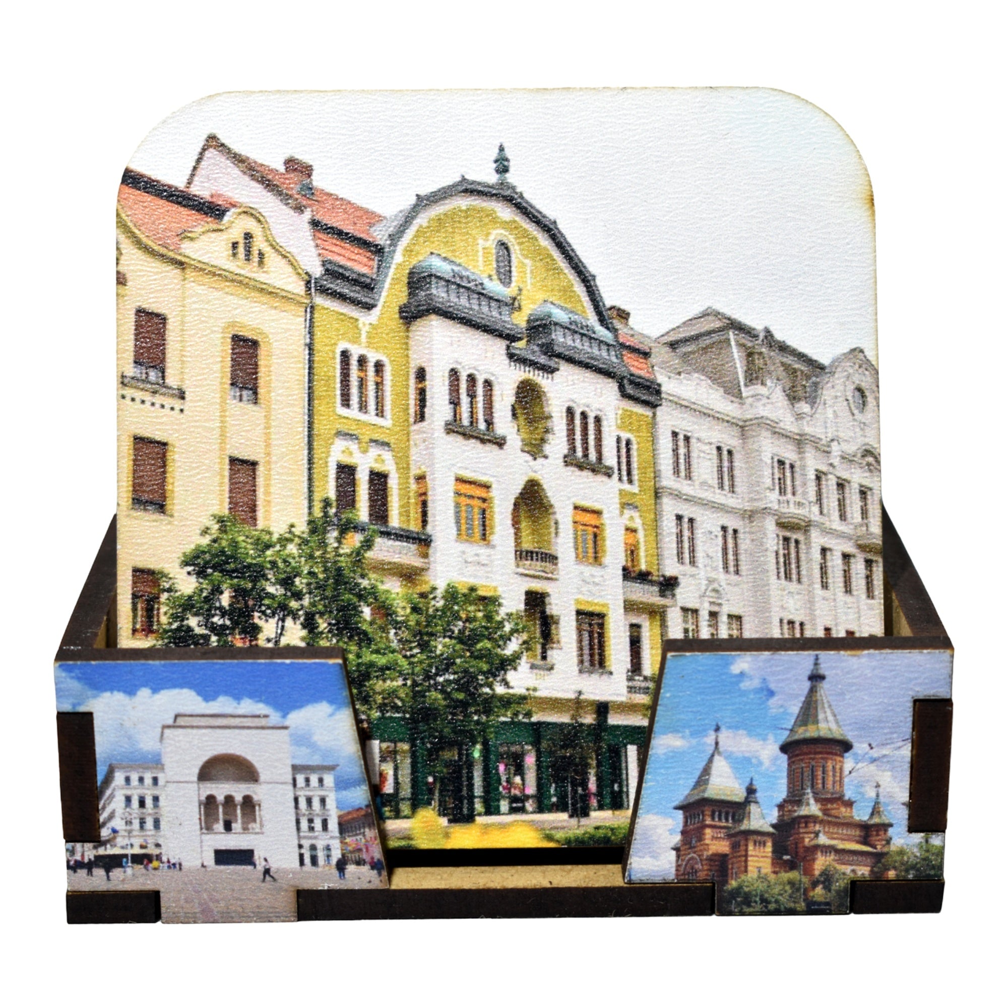 Set Suporturi Pahare Timișoara din Lemn cu Suport, Design Turistic Color, 6 Bucăți, Suvenir România