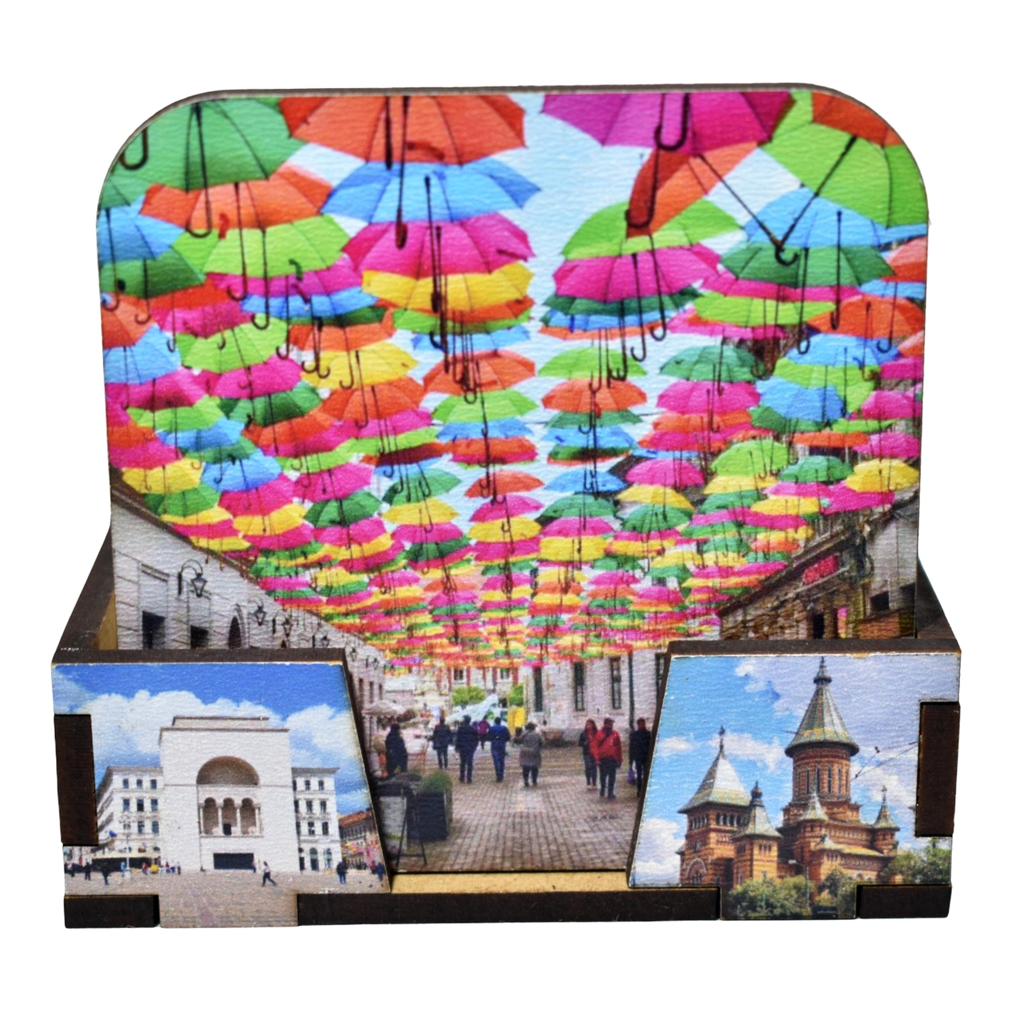 Set Suporturi Pahare Timișoara din Lemn cu Suport, Design Turistic Color, 6 Bucăți, Suvenir România