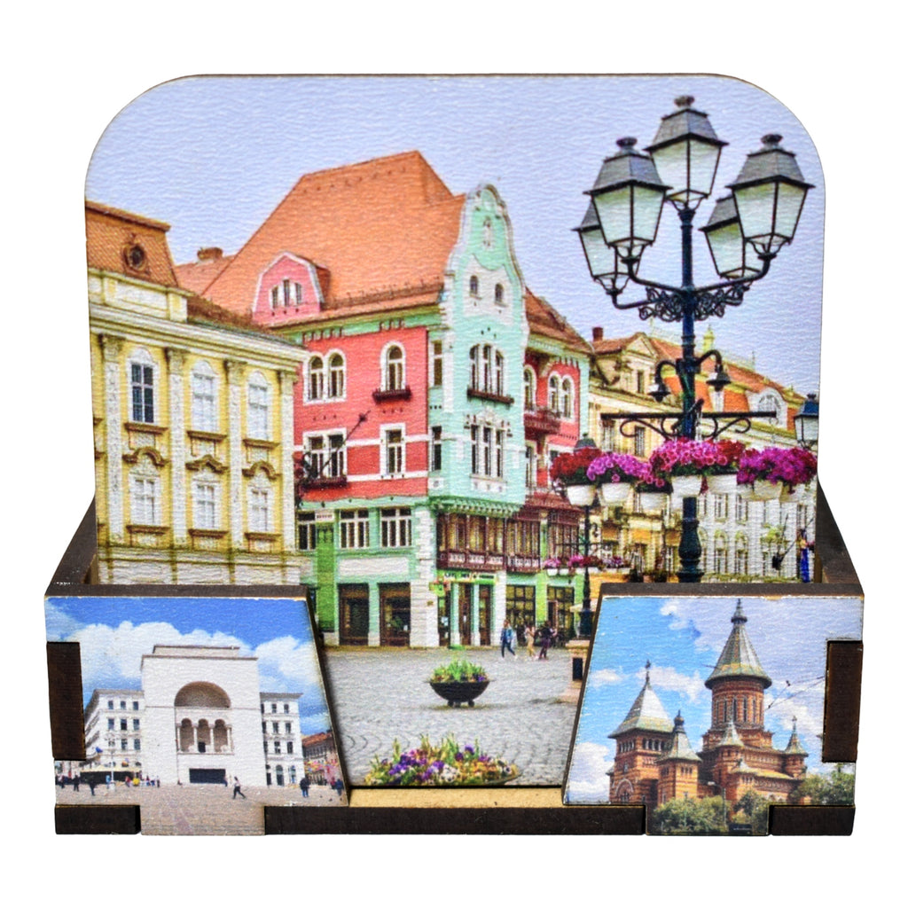 Set Suporturi Pahare Timișoara din Lemn cu Suport, Design Turistic Color, 6 Bucăți, Suvenir România
