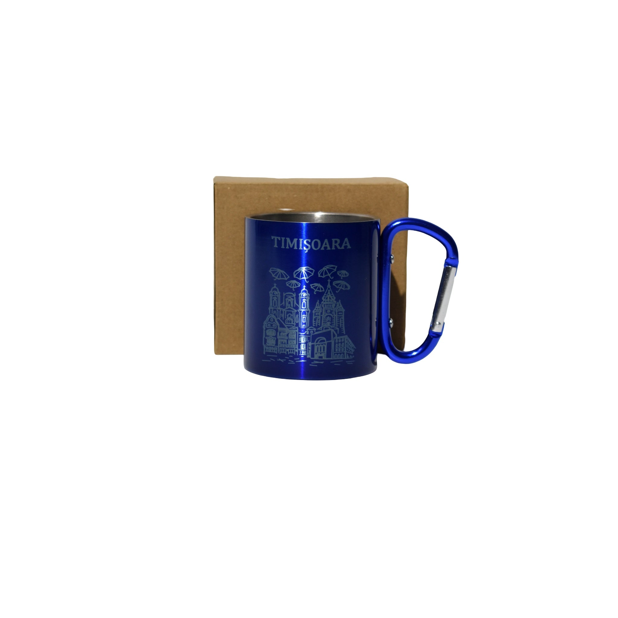 Cană metalică Timișoara, cu carabină, design urban gravat, 300 ml, albastru