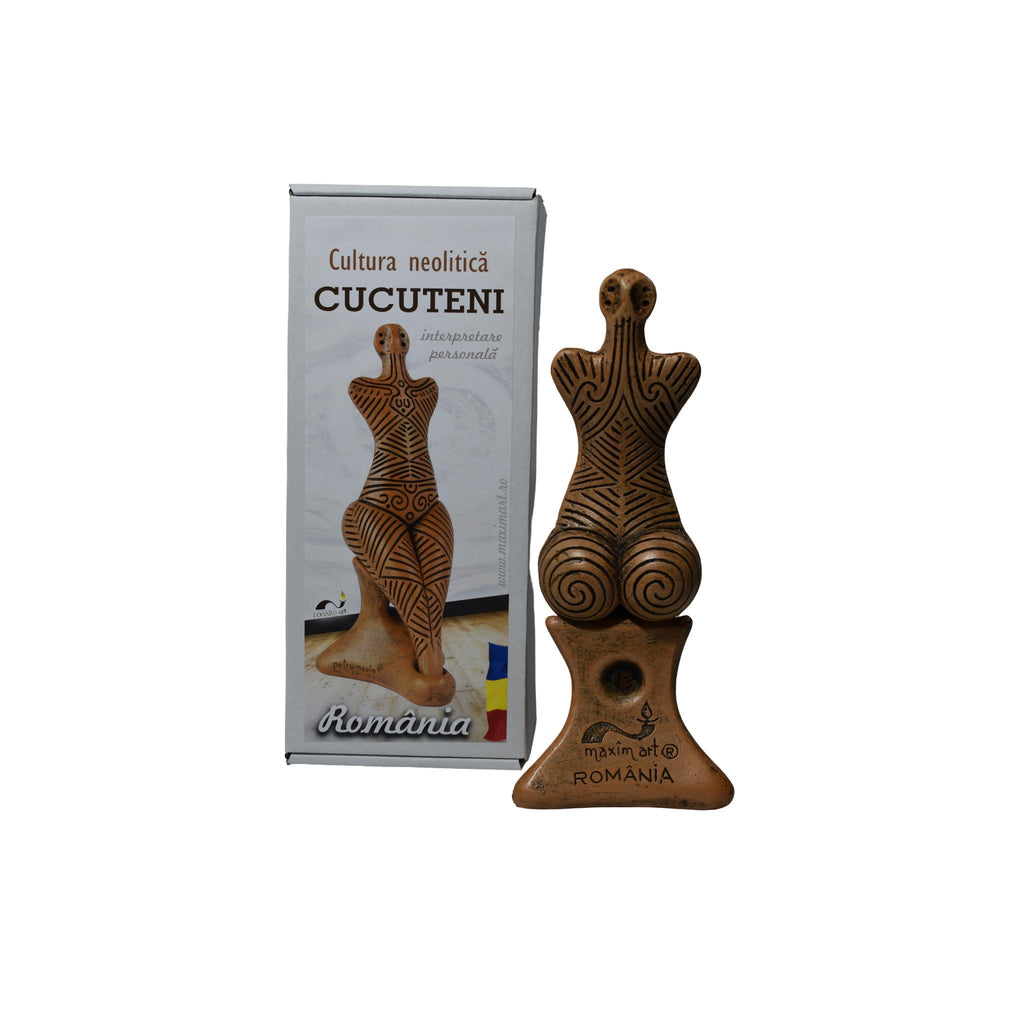 Statuetă ceramică Cucuteni feminină, reproducere neolitică, handmade, decor autentic românesc, cadou premium