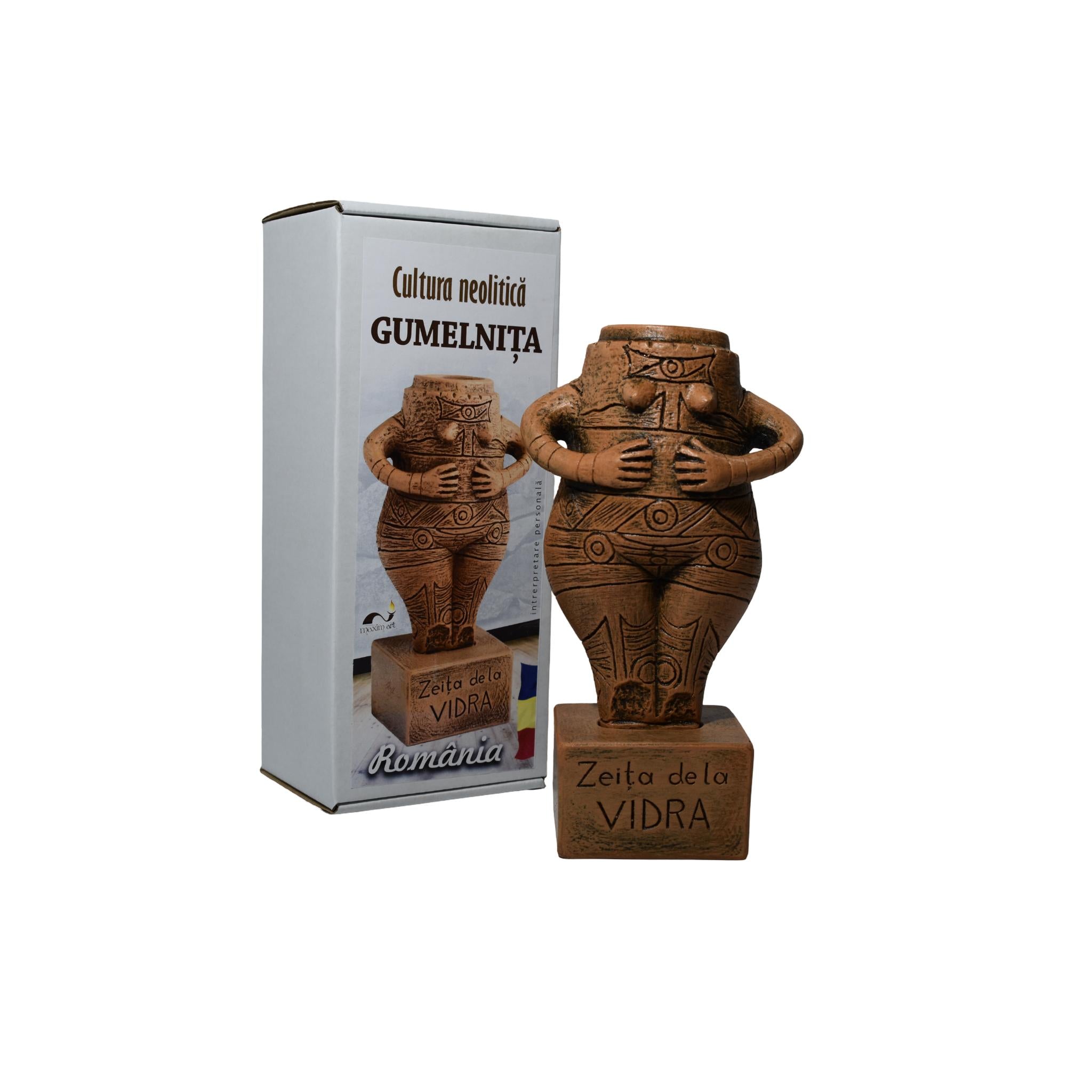 Statuetă ceramică Zeița de la Vidra, cultură Gumelnița, reproducere neolitică, handmade, decor autentic românesc, cadou premium