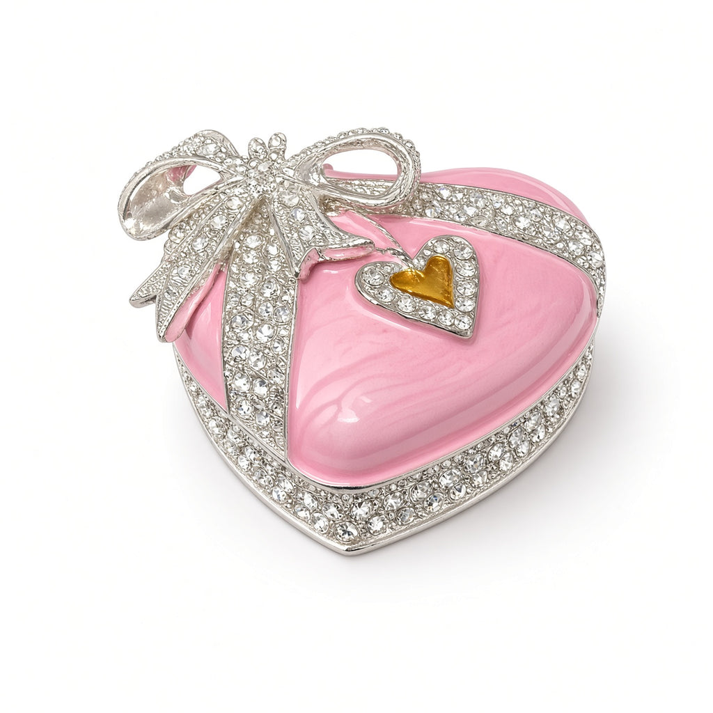 Cutie Bijuterii Inimă Roz 4x7 cm cu Fundă Cristale și Interior Alb