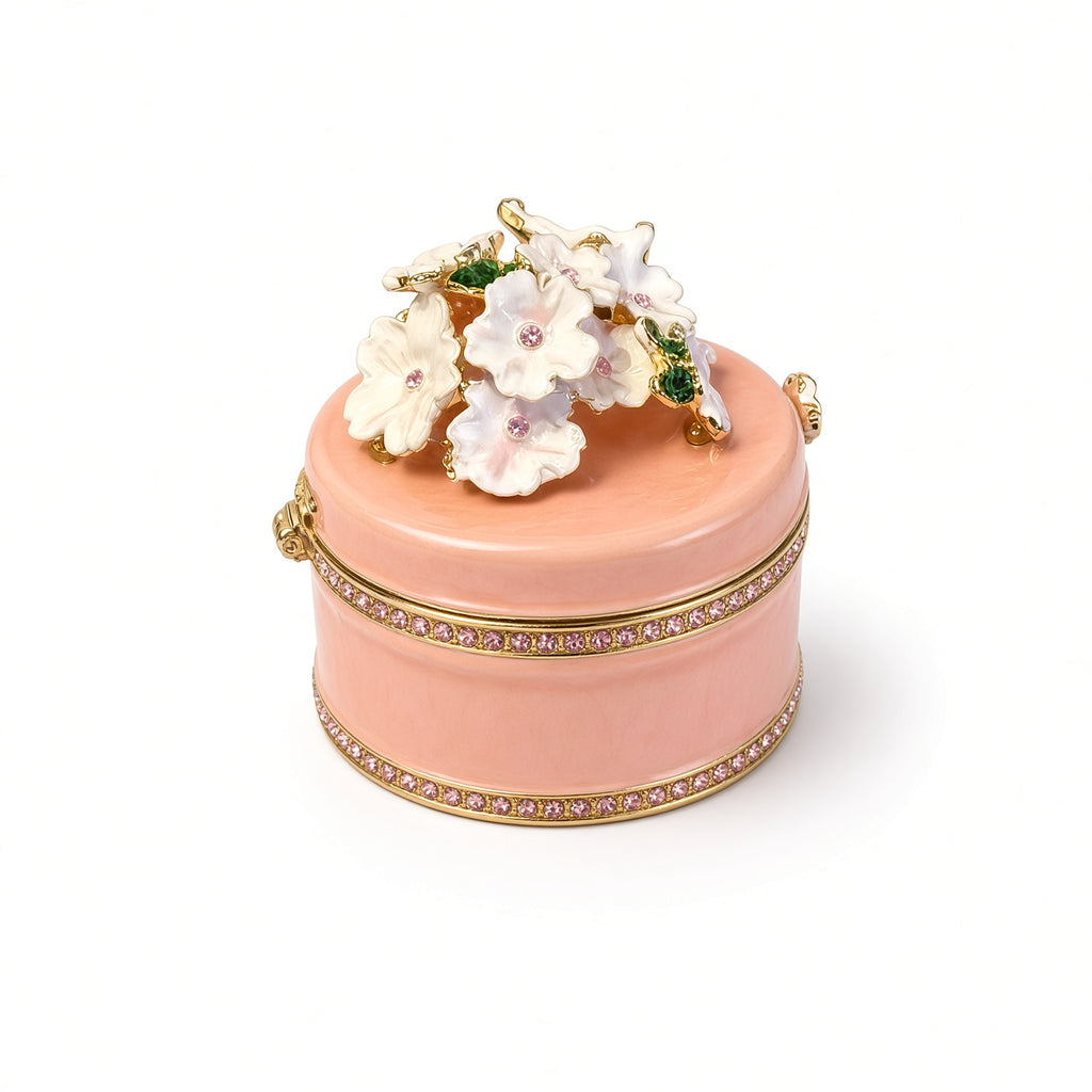 Cutie Bijuterii Piersică 5x5 cm cu Flori, Fluture și Cristale Roz