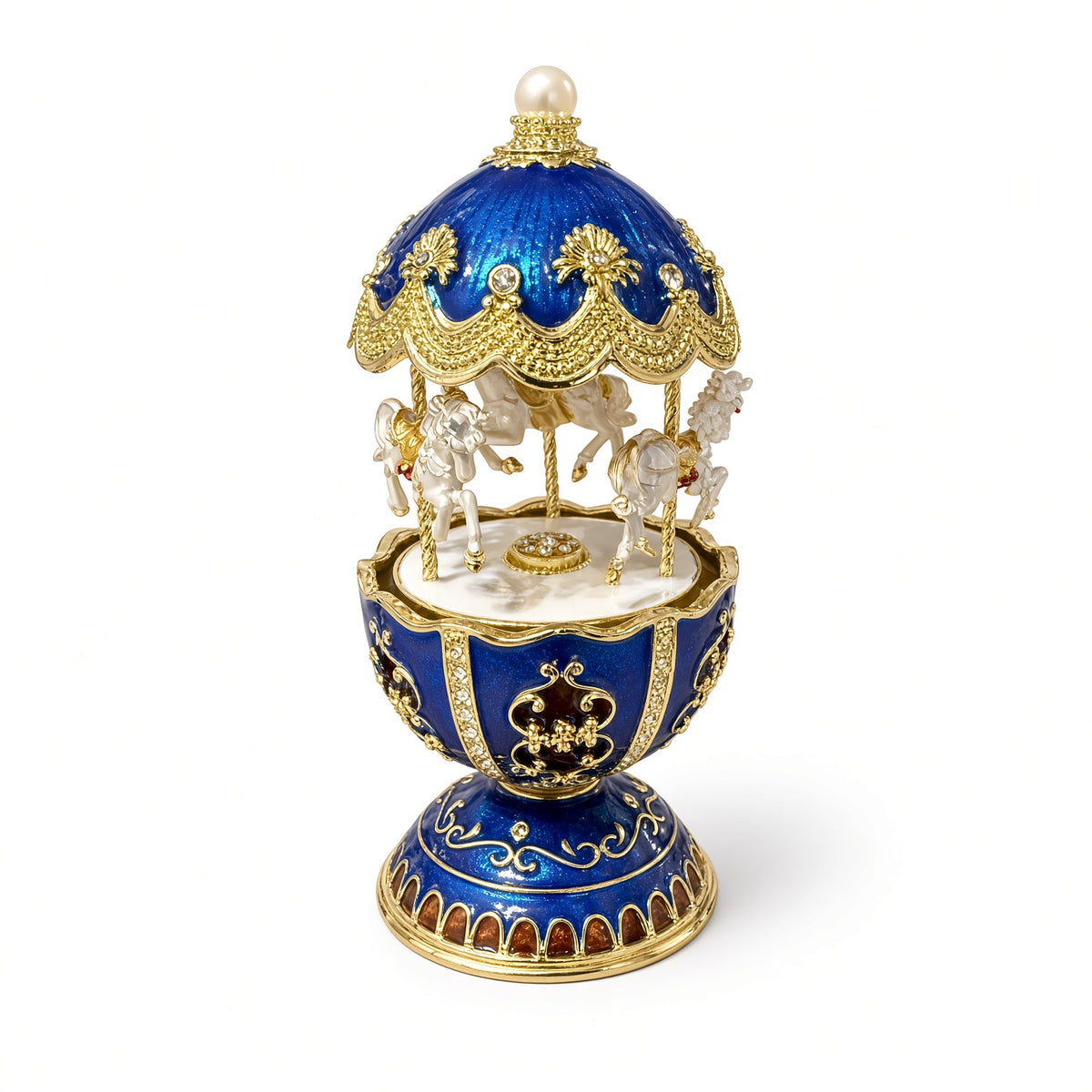 Cutie Muzicală Carusel Albastru 14x7 cm cu Cai Albi, Auriu și Perlă