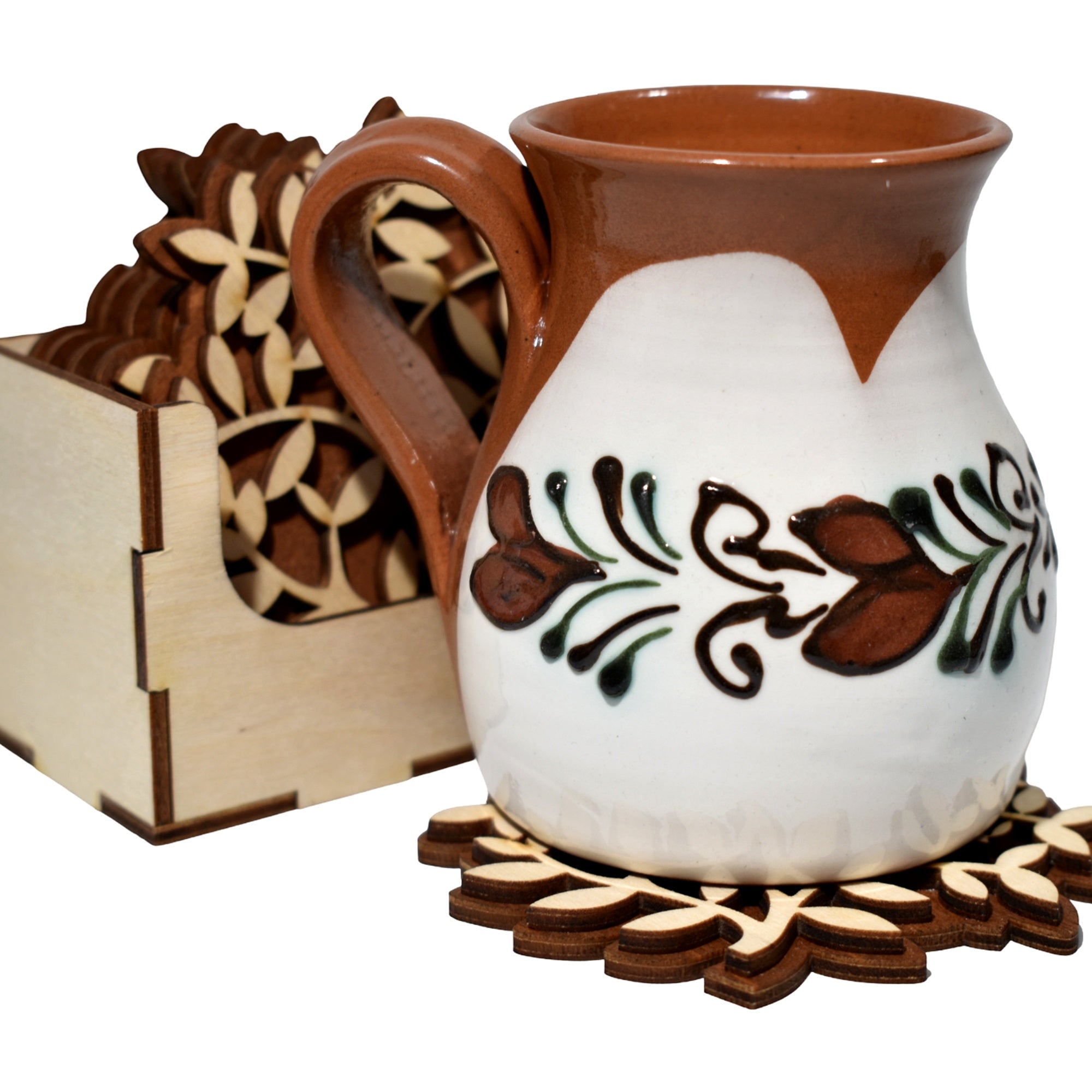 Set Suporturi Pahare Lemn Natur cu Suport, Model Floral Decupat, 6 Bucăți, Design Elegant