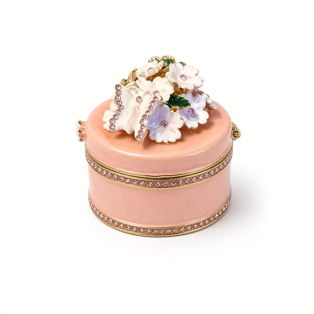 Cutie Bijuterii Piersică 5x5 cm cu Flori, Fluture și Cristale Roz